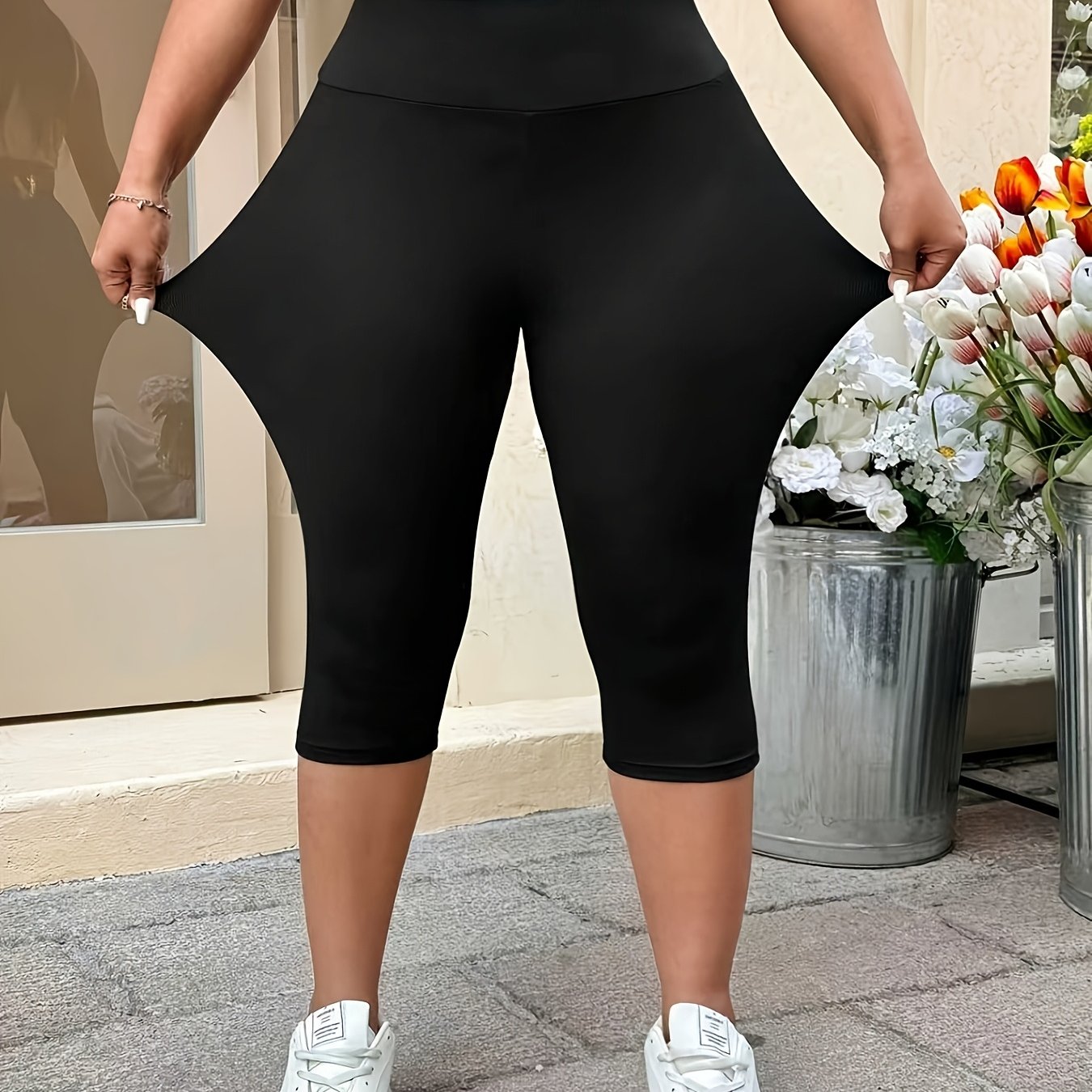 TEMU Plus Size - Plus Size - Plus Size Schwarze High Waist Eng anliegende Capri Leggings