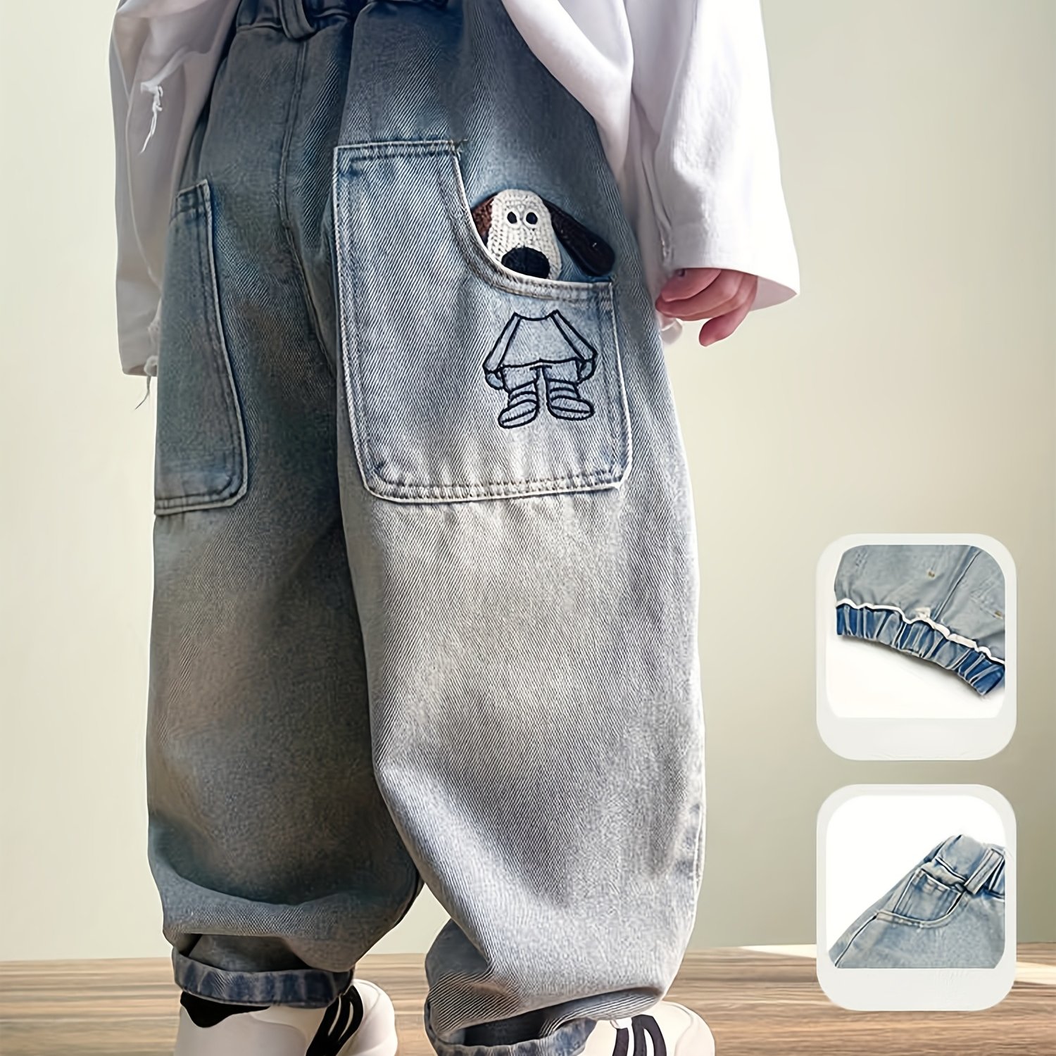 Image of Boys' Denim Long Pants, Stylish Embroidered Jeans For Boys, Denim Trousers For Little Boys. Casual Pants For Boys To Wear Outdoors, Trendy And Easy Pants, , Comfortable Elastic Waistband
