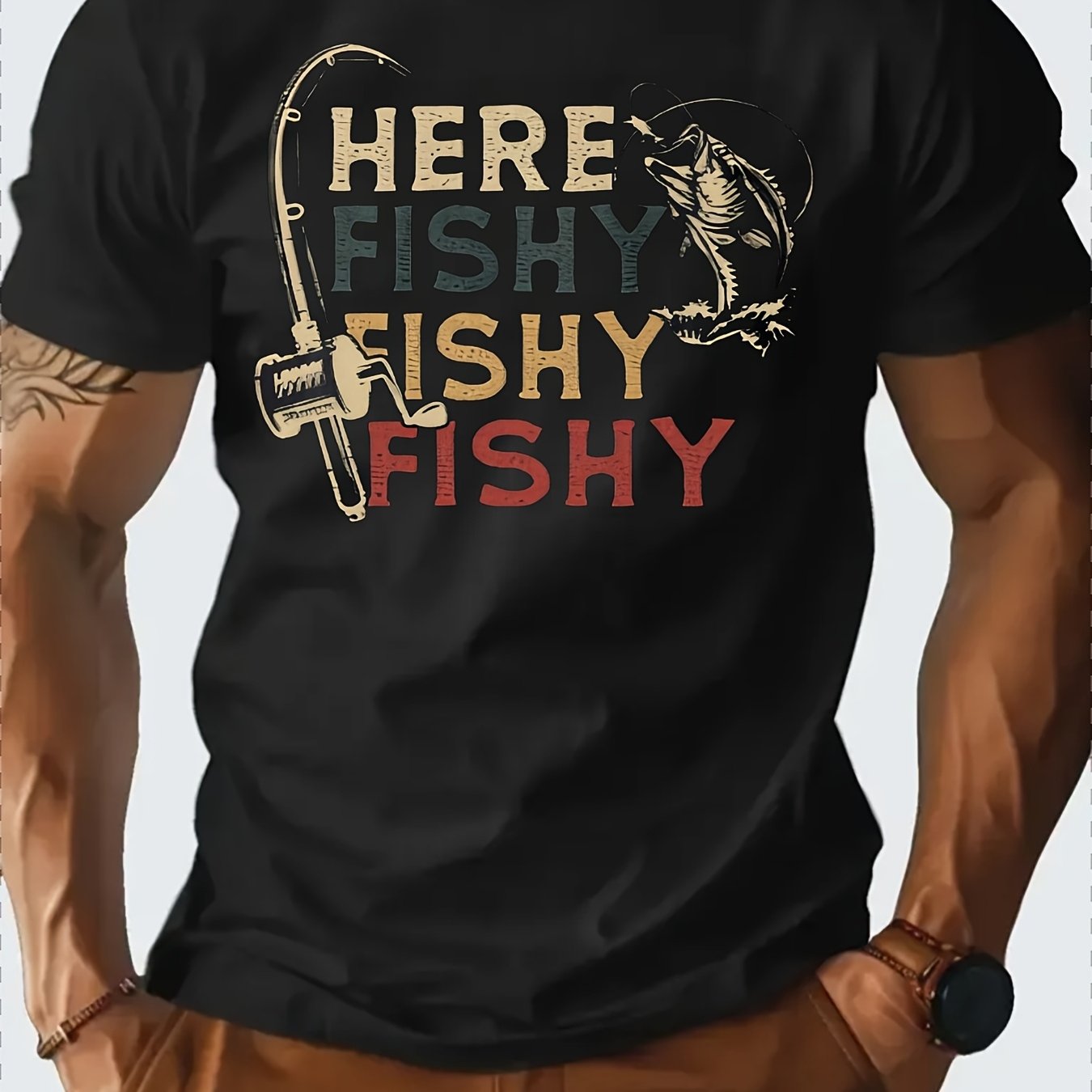 TEMU Men's Vintage Fishing Graphic T-shirt - "fish Here" Print, Crew Neck, Lightweight And Breathable, Regular Fit, Suitable For Summer Outdoor