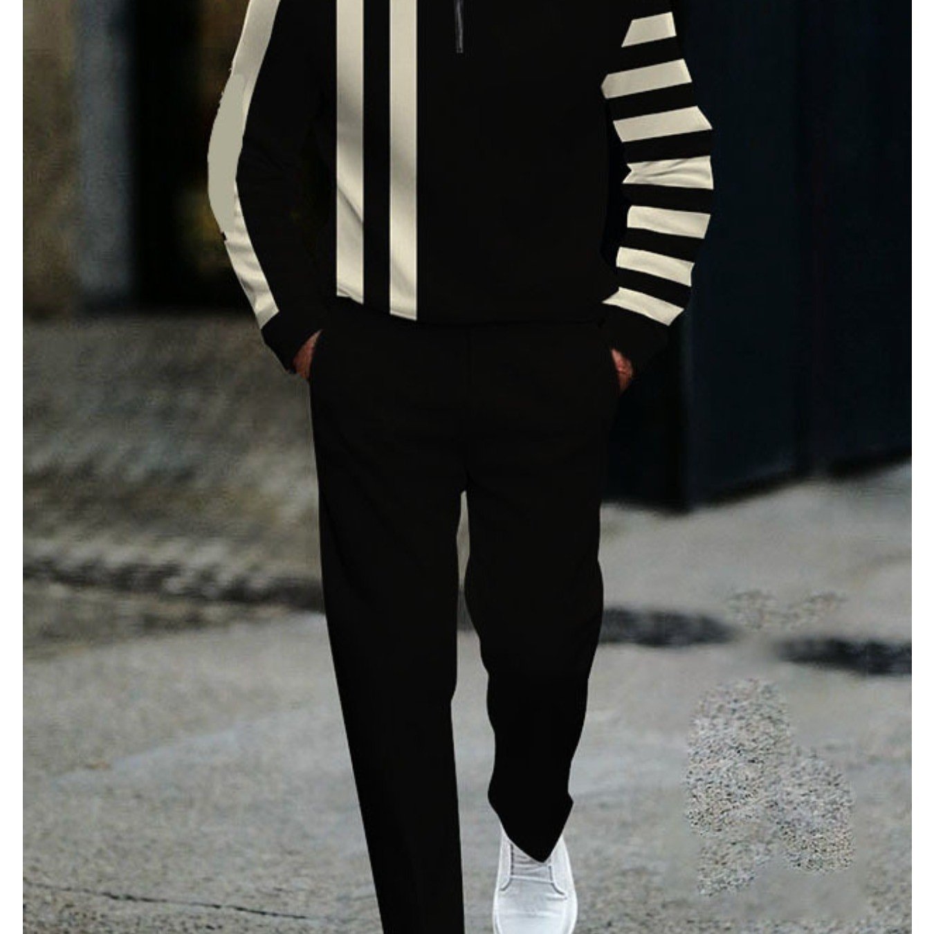 Image of Men's Quarter Zip Stand Collar Tracksuit Set Black With Beige Stripe Print Long Sleeve Top And Pants 2pcs Wear