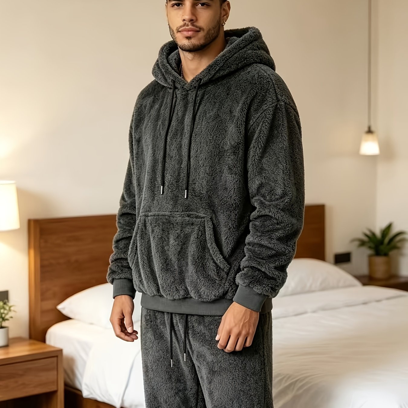 TEMU Autumn/winter Men's Flannel Hooded Hoodie And Long Pants 2pcs Set, Suitable For Daily