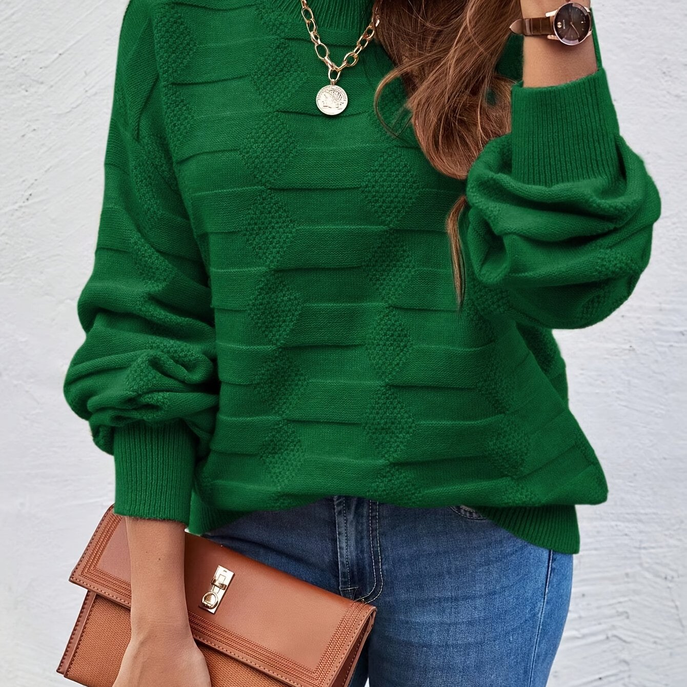 E-shop Damensweater mit Rundhalsausschnitt und Langarm – Hochelastisch, Einfarbig, Maschinenwaschbarer Herbst-Winter-Mode-Pullover
