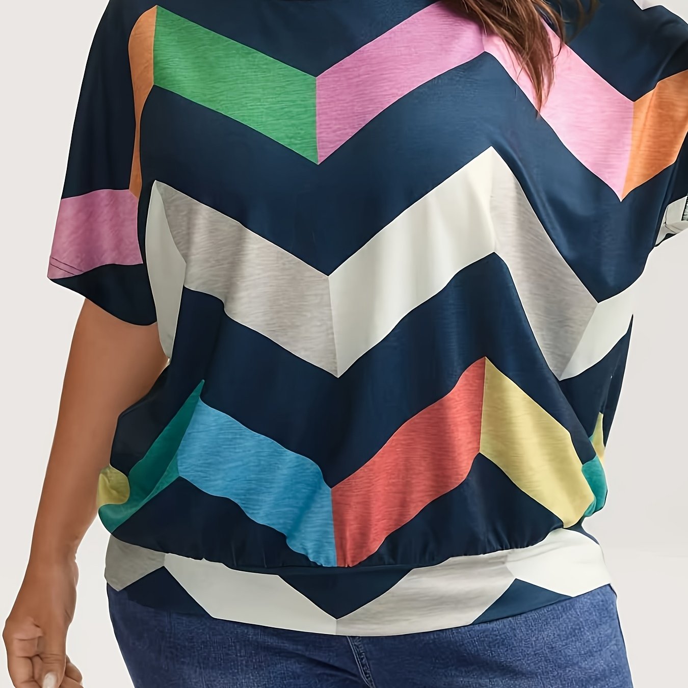 TEMU Blouse grande taille pour femme à manches chauve-souris - Haut à manches courtes et col rond à de couleur avec manches chauve-souris à rayures,