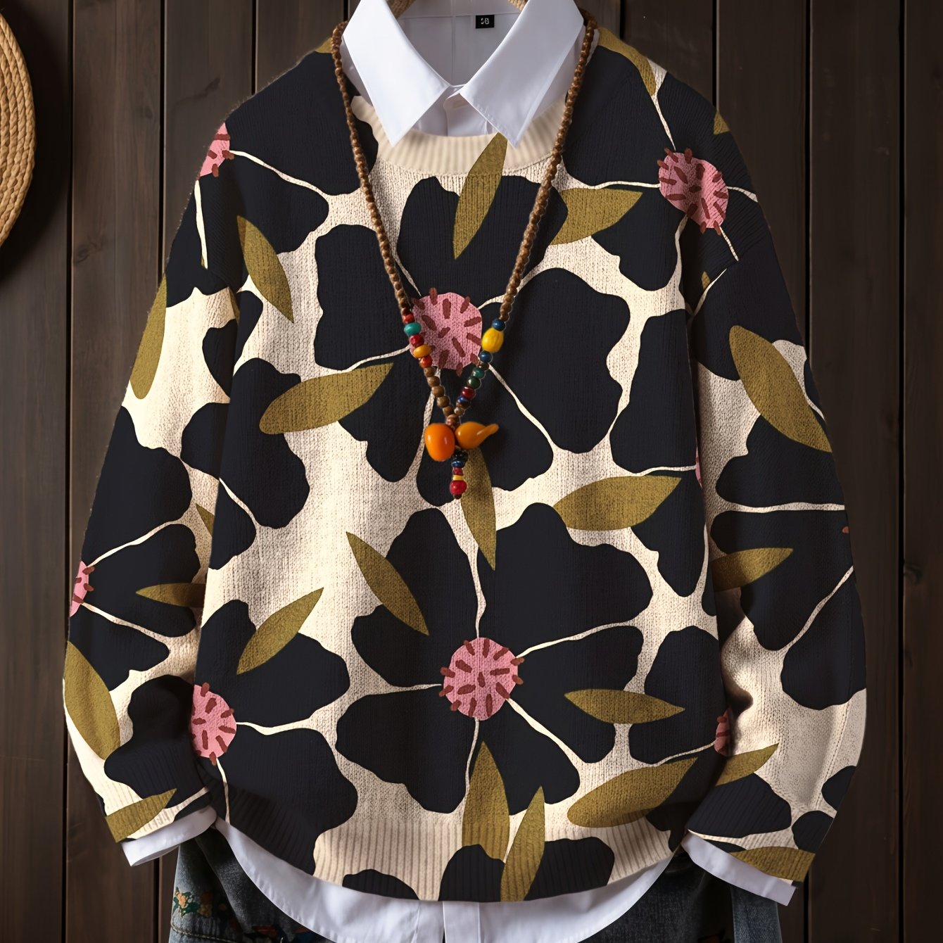 TEMU [printed Design - Not Textured]women's For All Over Printed Long Sleeve Universal Crew Neck Lightweight Sweater, Trendy Wear, Color-blocking