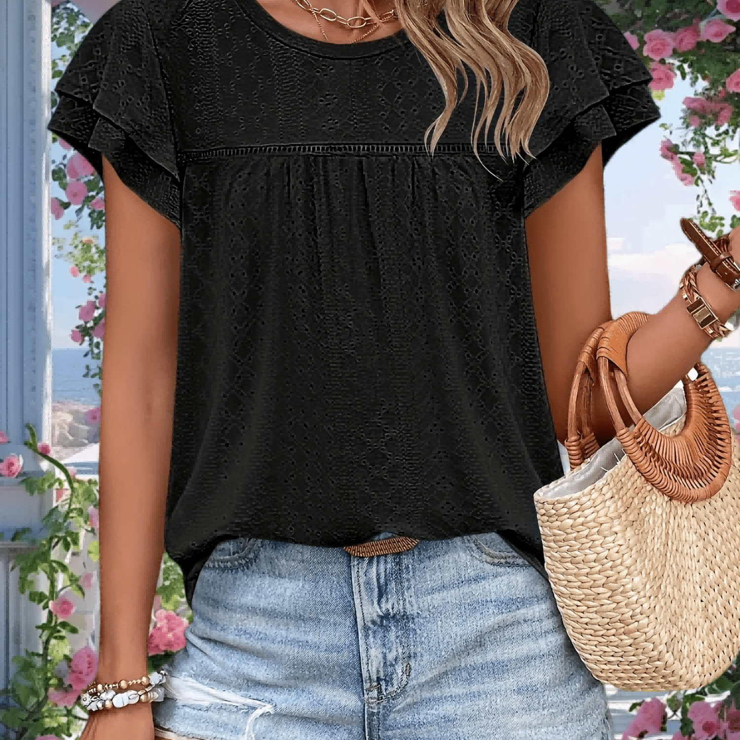 Image of Women's Summer Casual Round Neck Ruffle Eyelet Babydoll Shirt Tops