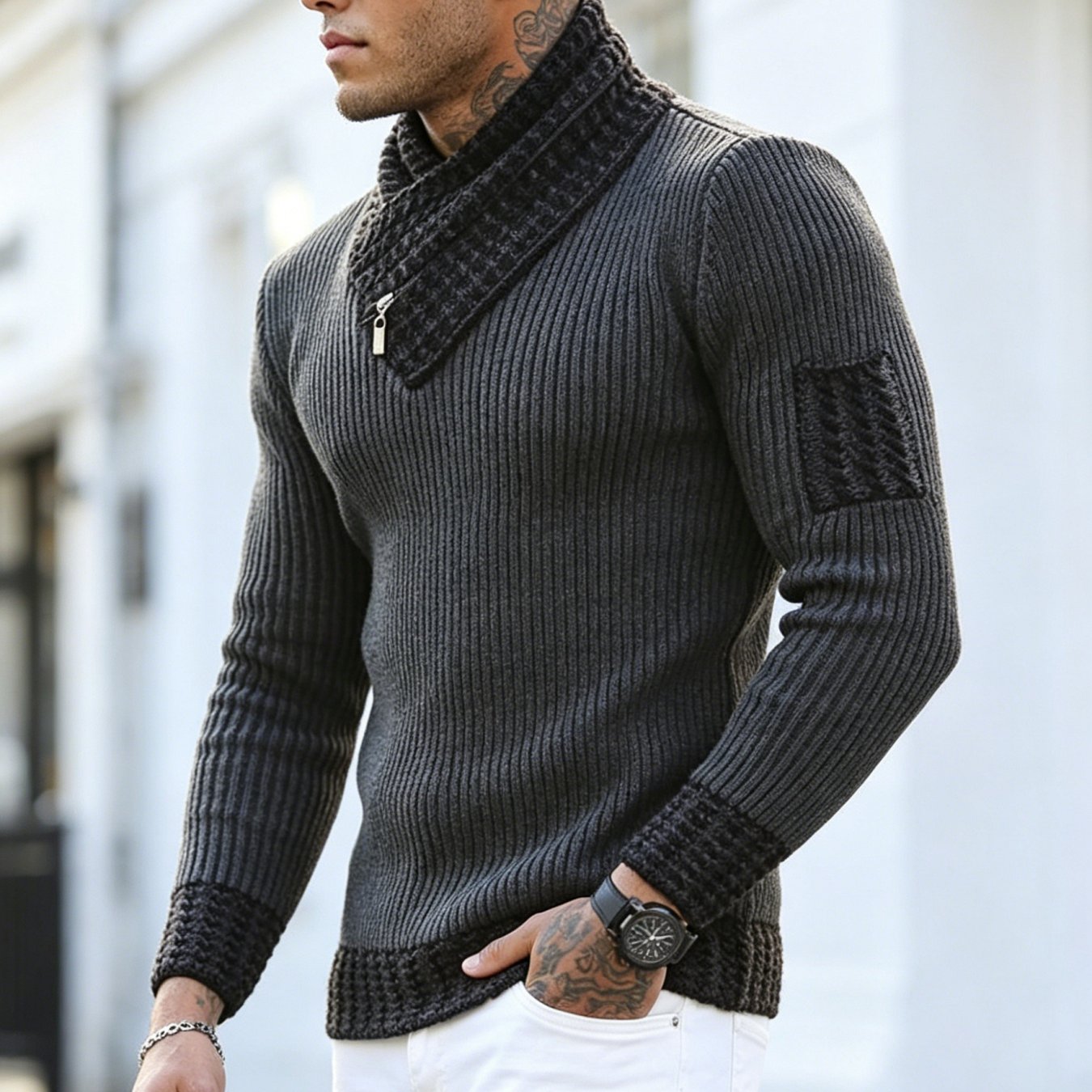 TEMU Autumn And Winter 's Casual Slim Pullover European And Long-sleeved Scarf Collar Sweater Men's Clothing