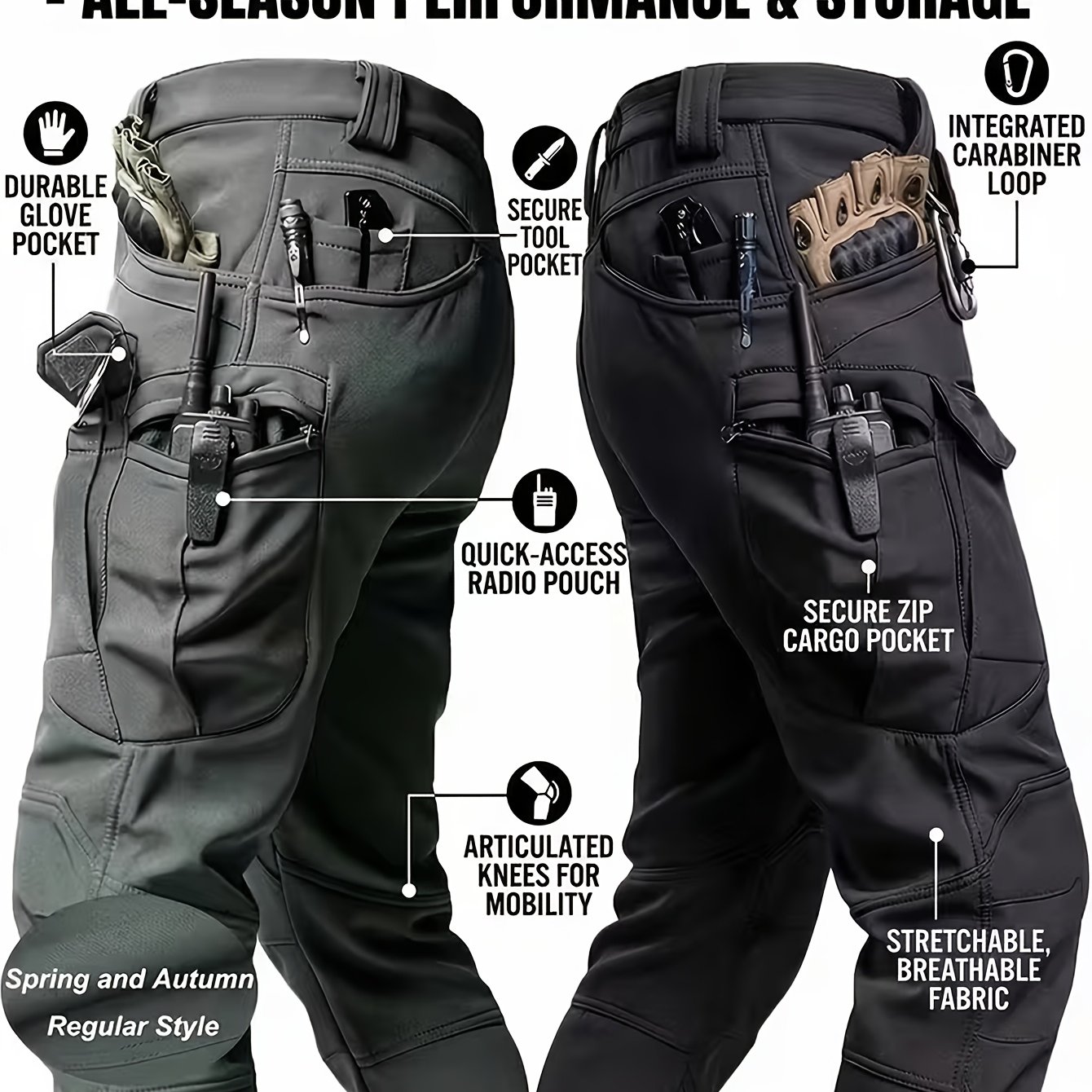 TEMU Men's Lightweight Tear-resistant Hiking Pants, Multi-pocket | Elastic Waist, Non-elastic Fabric, Solid Color, Suitable For Mountaineering, Rock