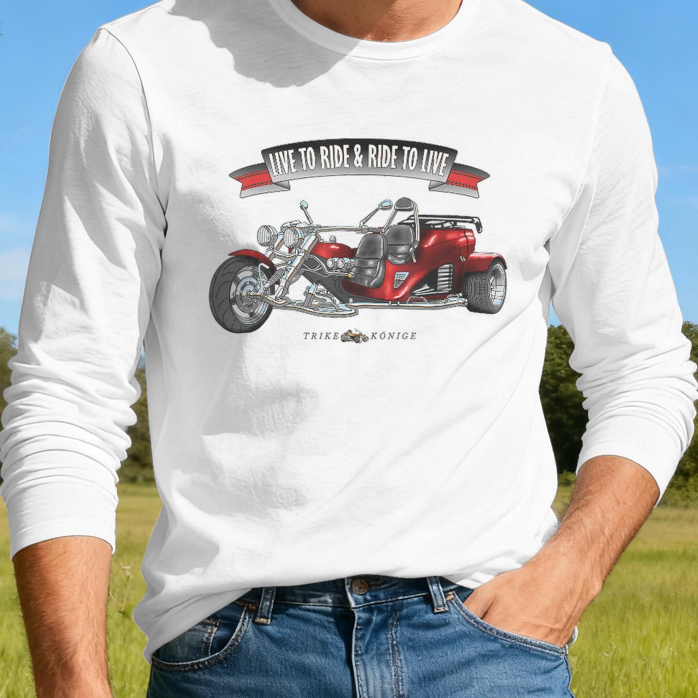 Live To Ride! Unisex Long Sleeve Tee For - Casual Shirt With Heat Transfer Logo, Washable Clothing For Men And Women, Perfect For Trike Lovers