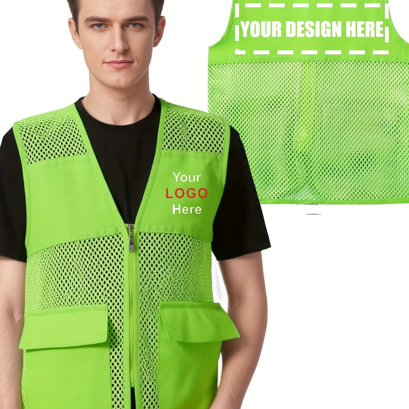 TEMU Men's Mesh Workwear With Zipper, Practical Work Top, Uniform Multi-pocket Vest For Workdays, Suitable For Supermarkets, Games, Sparring,