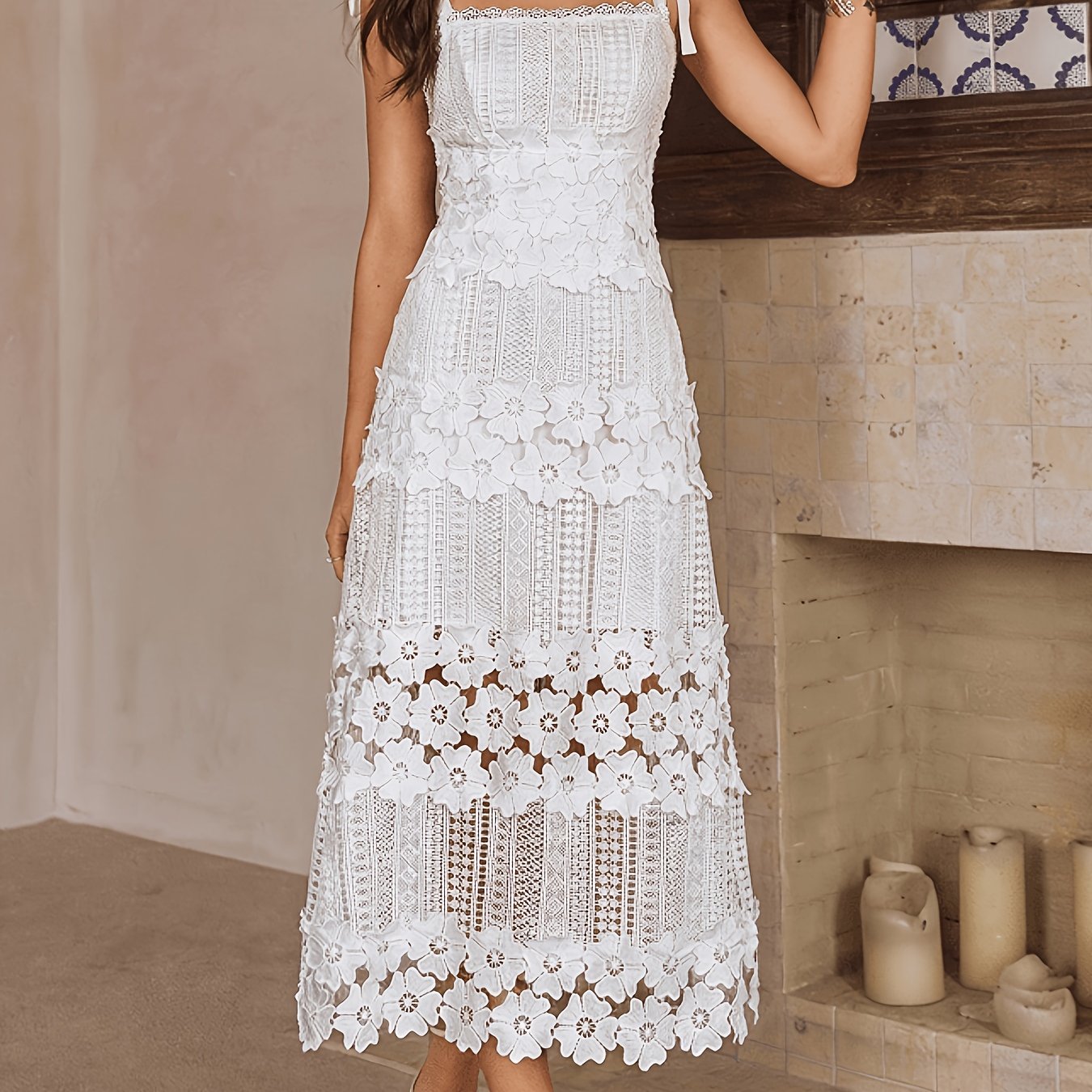 TEMU New Intricate 3d Floral Lace Strappy Dress Women's Waist-cinching Date Temperament Midi Dress Wedding Guest Formal Dress