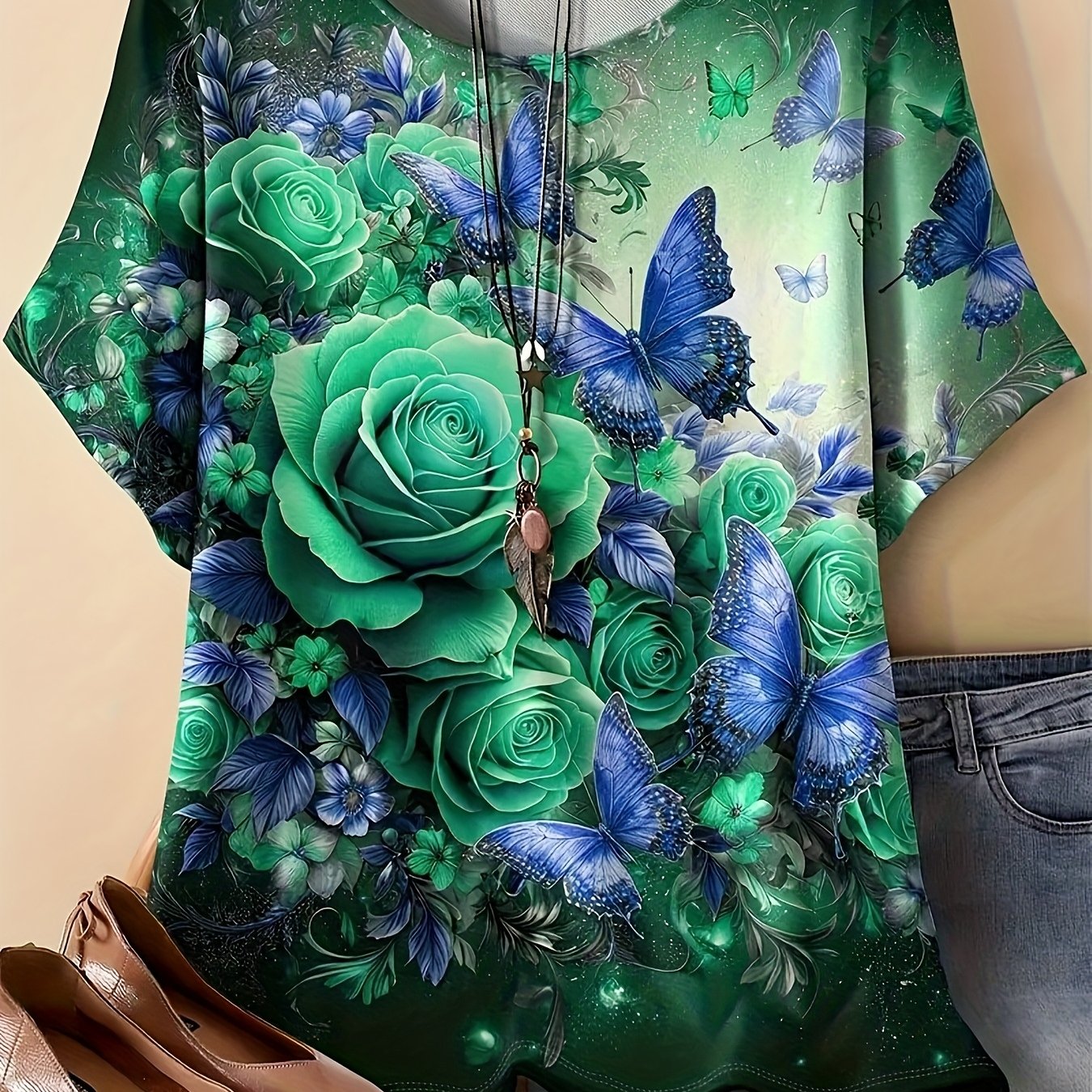 TEMU Women's Plus Size Summer Short Sleeve Blouse - Blue- Rose Floral & Blue - Round Neck Top, Sparkling Dot Accent - Stretchy Polyester/elastane