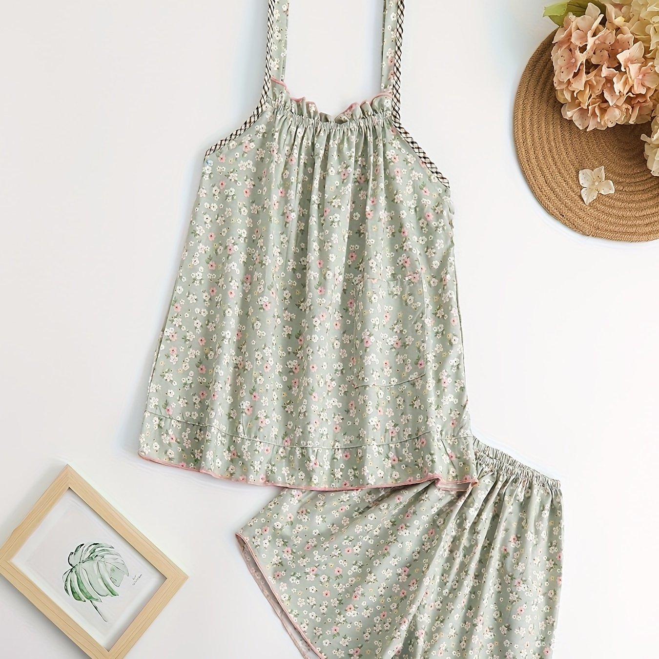 Premium Fashion Floral Cami And Shorts Pajama Set Summer Women's Skin-friendly Thin