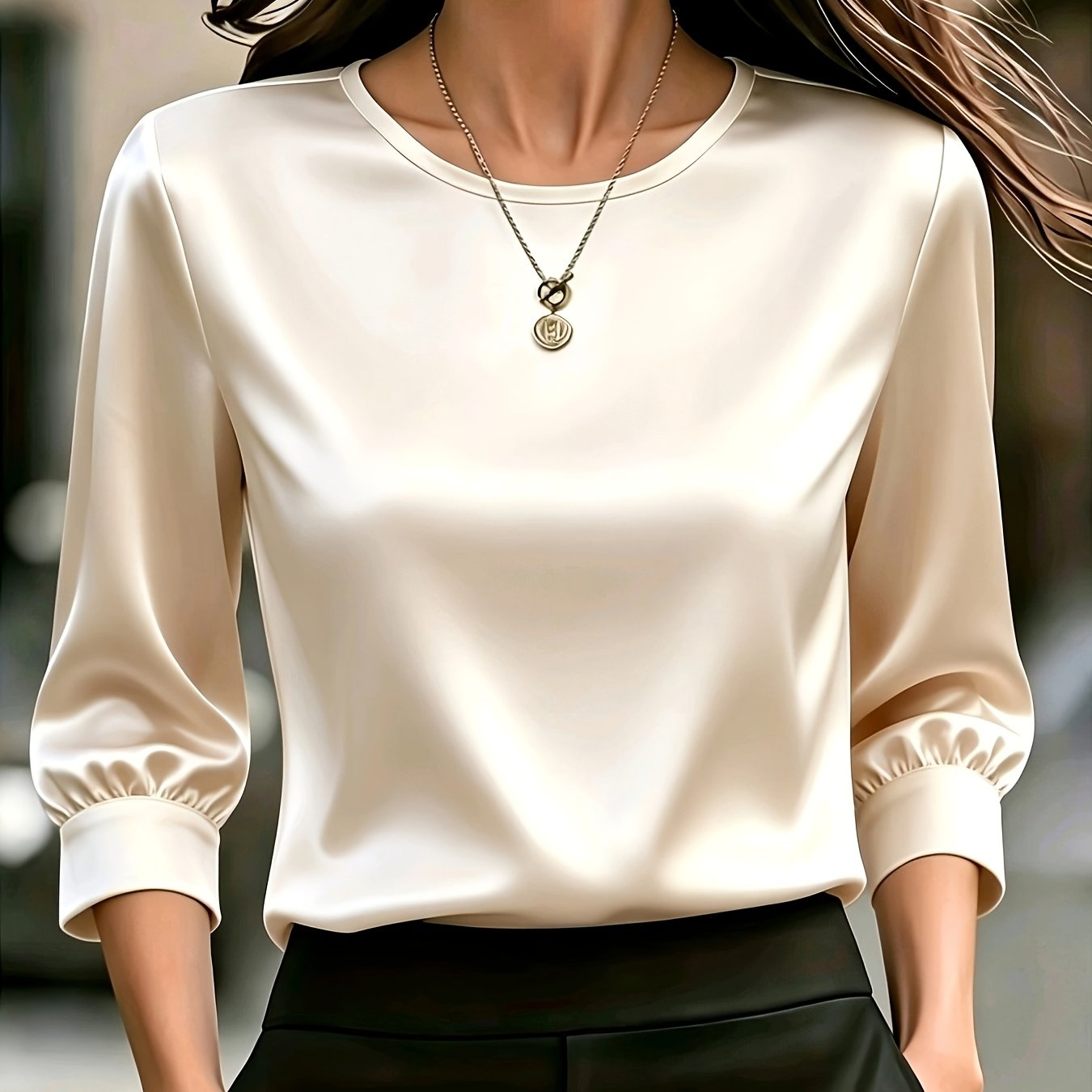 TEMU Haut à manches 3/4 pour femmes, couleur unie, chemisier élégant et slim pour bureau, texture , T-shirt polyvalent pour toutes les occasions