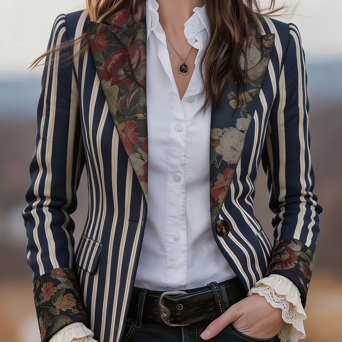 TEMU Vintage Color-block Print Suit Jacket, 1pc For Women, Casual And Elegant Striped Single-breasted Versatile Commuter Jacket With Floral Lapel And