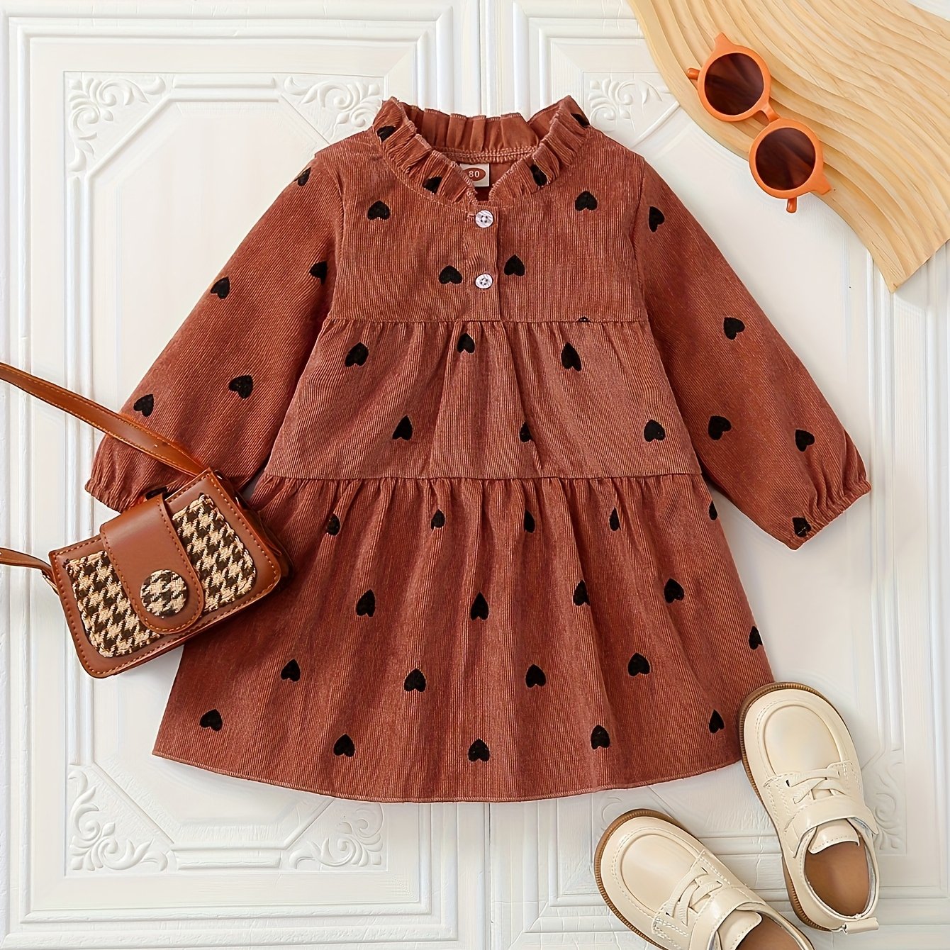 Image of Boho-' Dress With Heart Print - Long Sleeve, Ruffle Collar For Fall/winter - Polyester