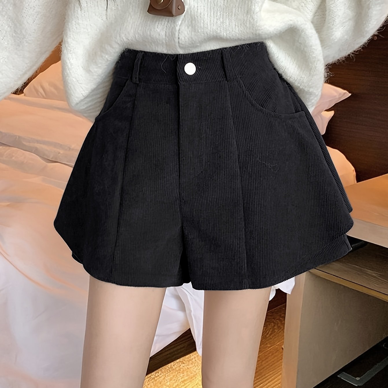 TEMU Retro Corduroy Culottes Women's Autumn And Winter High Waist Versatile A-line Wide-leg Pants Ins Casual Shorts