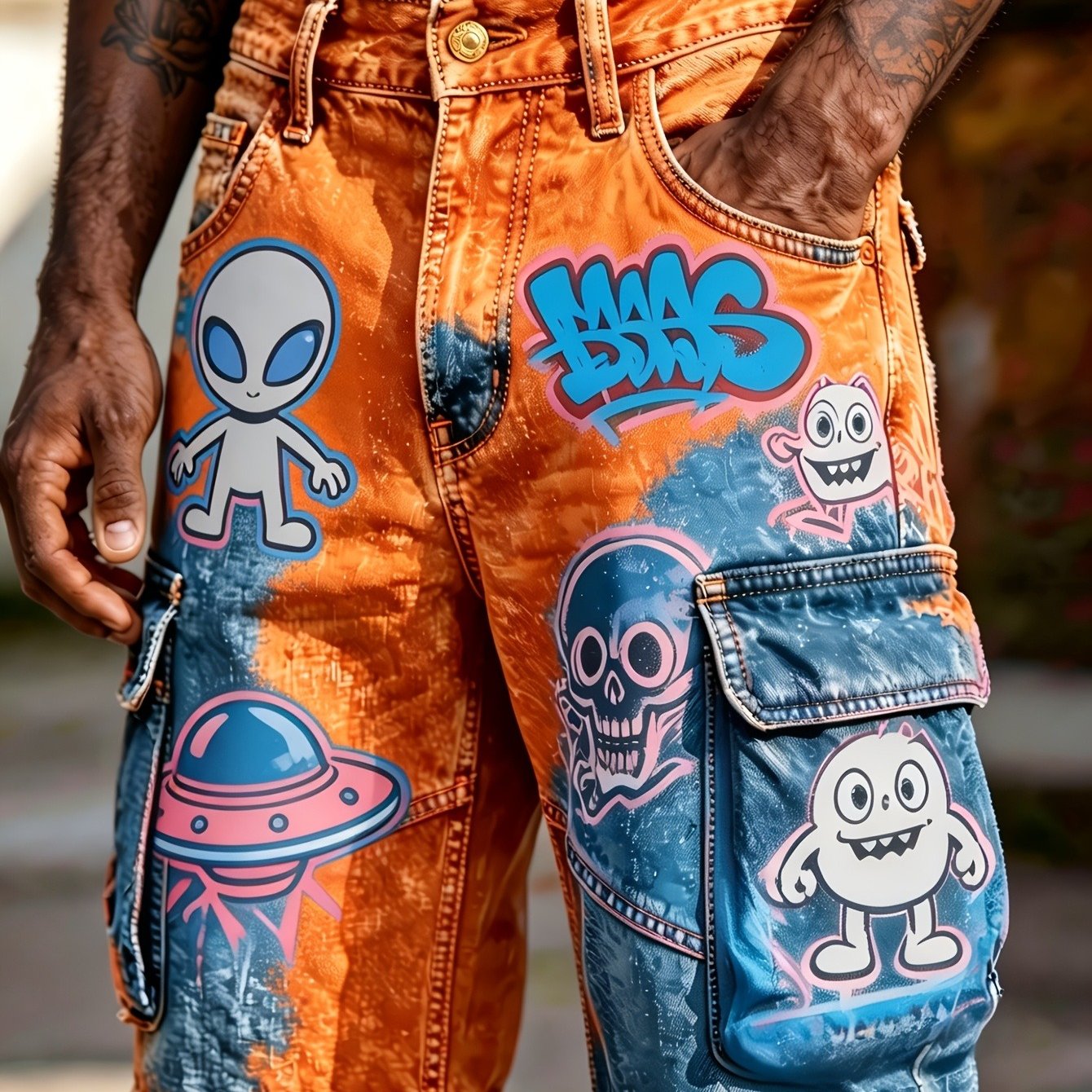 New Retro 90s Loose Work Pants Men' Gradient Cartoon Graffiti Print Multi-pocket Street Style Shorts