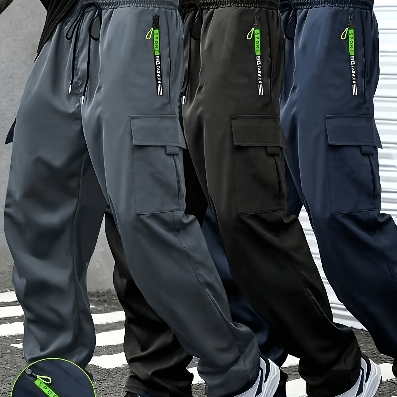 TEMU 3-pc Men's Casual Pants, Casual Sports Trousers - Breathable And Comfortable, Black Drawstring Design, (includes Wristband), Adjustable Waist
