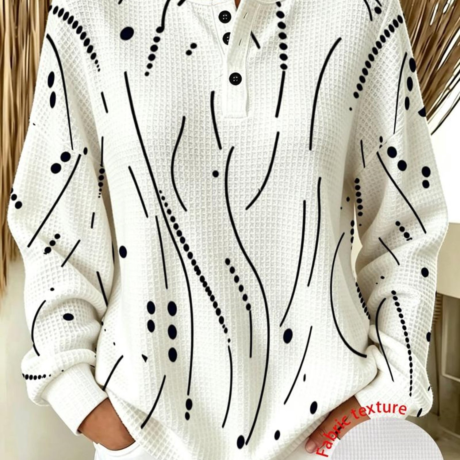 TEMU Damen-Mode-Sweatshirt in Übergröße, Freizeit-Henley-Kragen-Langarm-Top mit halbem Reißverschluss Knöpfen, Waffelstoff,