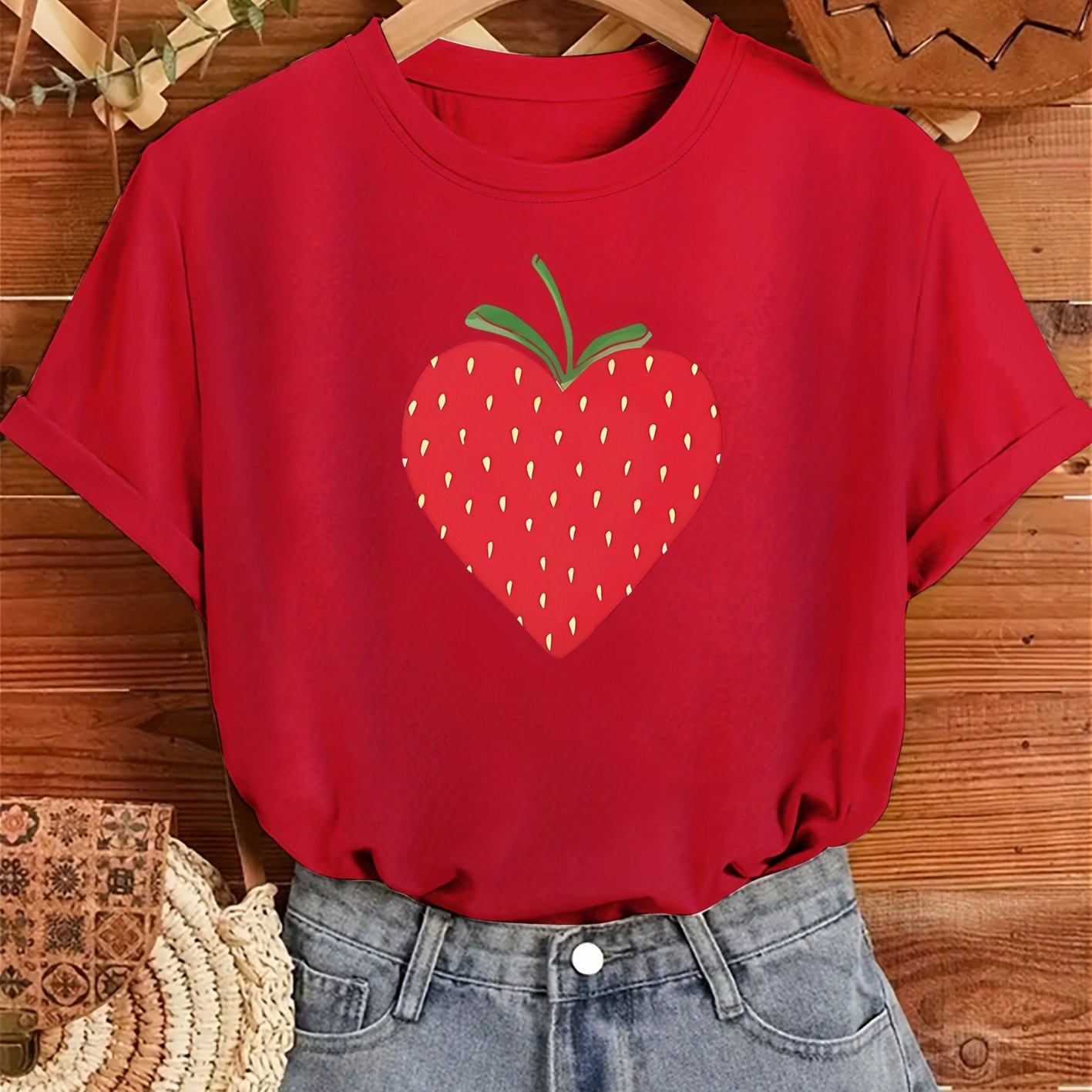 Kuva tulossa: TEMU Strawberry Love❤Englischer Druck Damen Rundhals Sport-T-Shirt Lässig Elegantes Retro-Oberteil Erwachsene Kurzarm Mehrere Farben Verfügbar S-XXL