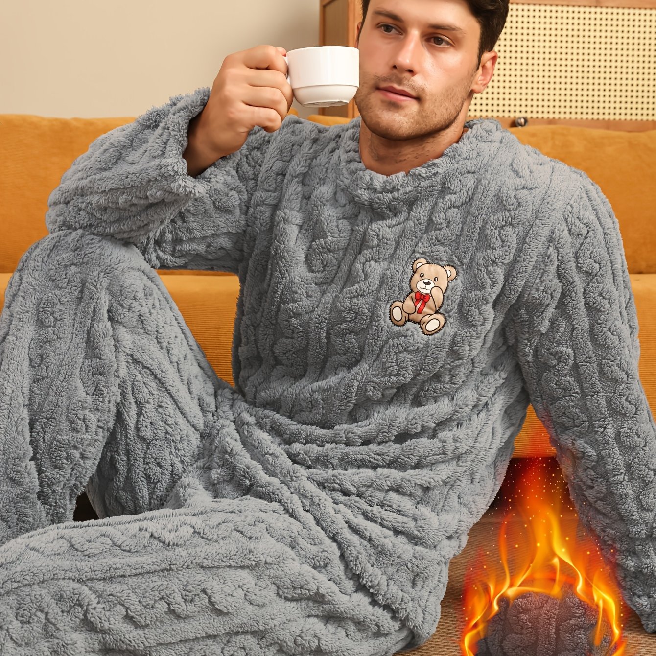 TEMU 2pcs Men's Pajama Set, Autumn/winter Jacquard Long Plush Fabric With Embroidered Cartoon Bear Pattern, Long Sleeve And Pants Set, Round Neck,