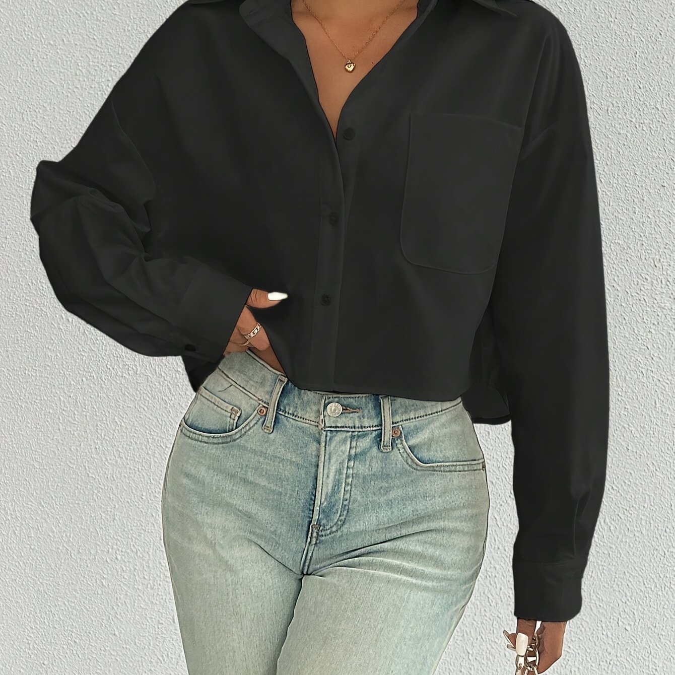 Image of Long-sleeved Button-front Solid Color Minimalist Black Oversized Shirt