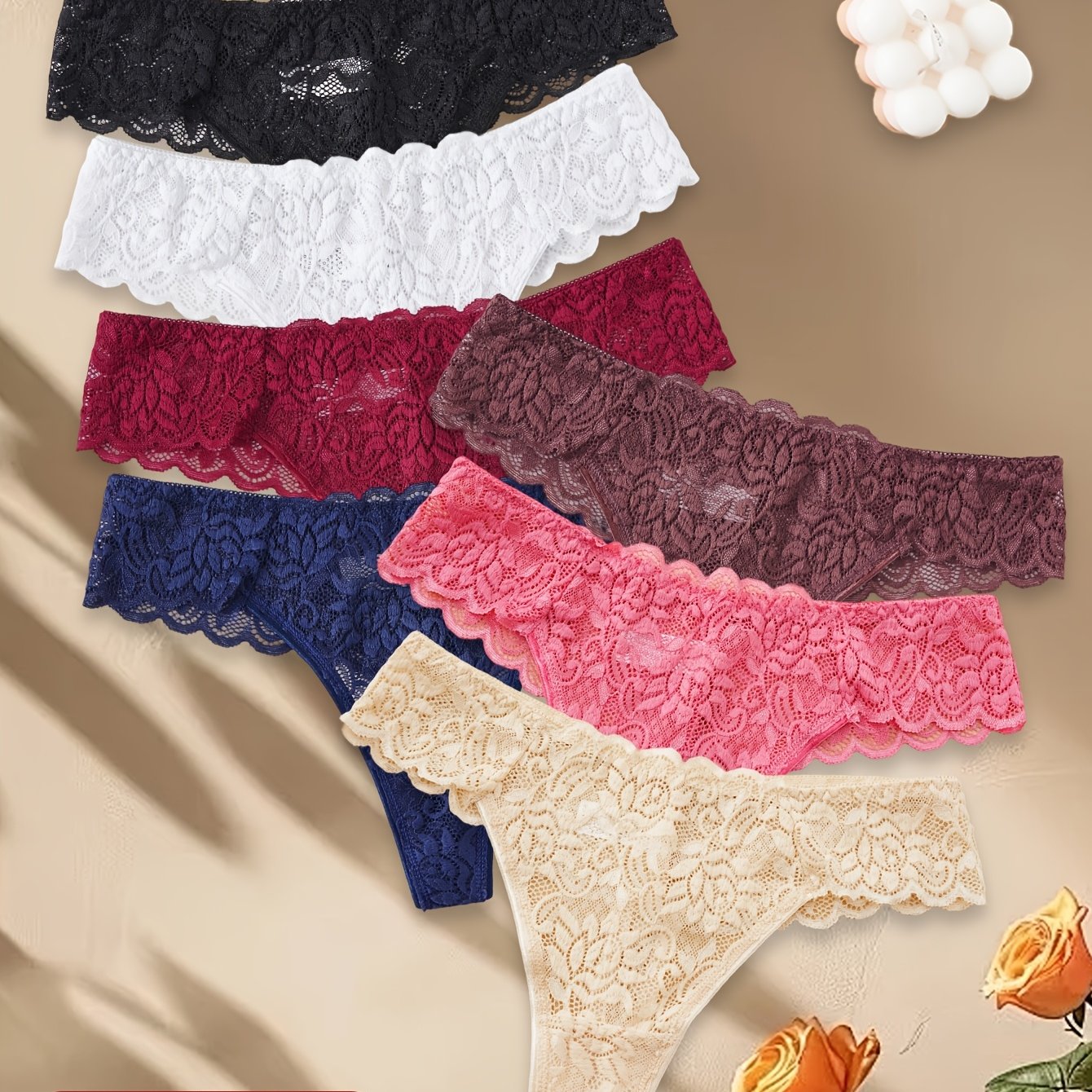 TEMU 7-pack Women's Lace Floral Trim Thongs - , Hollow Out Sexy Panties, Breathable Low Waist G-strings Transparent Underwear Hot Panty