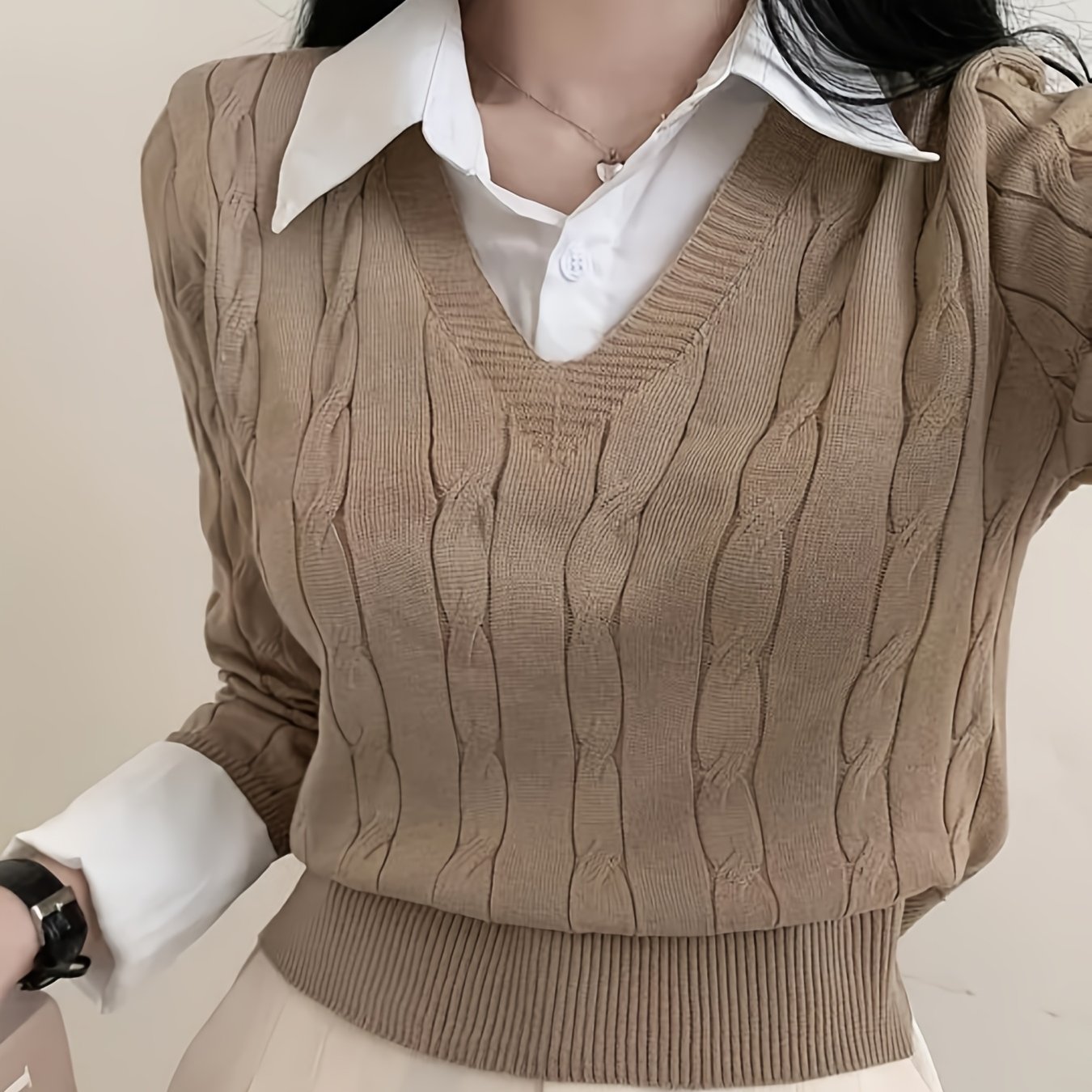 TEMU Col de chemise style coréen, fausse pièces, pull court pour femme, nouveau printemps et automne 2025