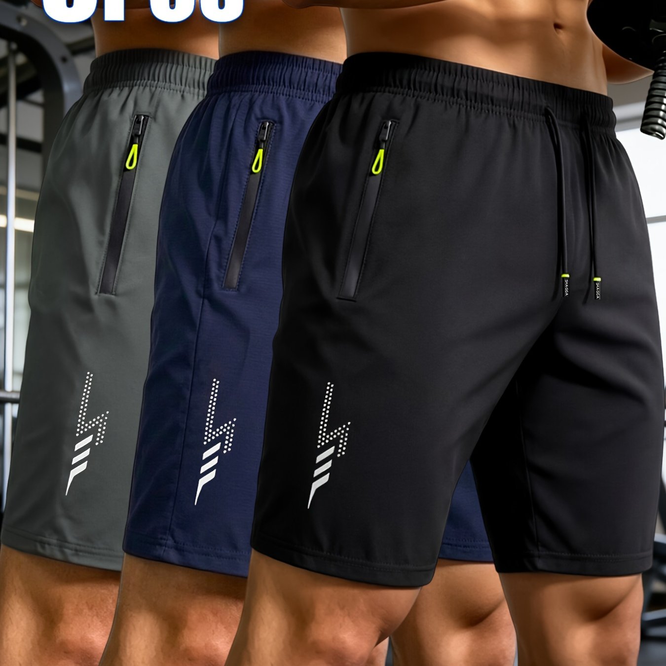 TEMU 3pcs Shagga Men's Quick-dry Athletic Shorts With Zippered Pockets & Adjustable Waist - Lightweight Breathable Beach Suitable For Surfing,
