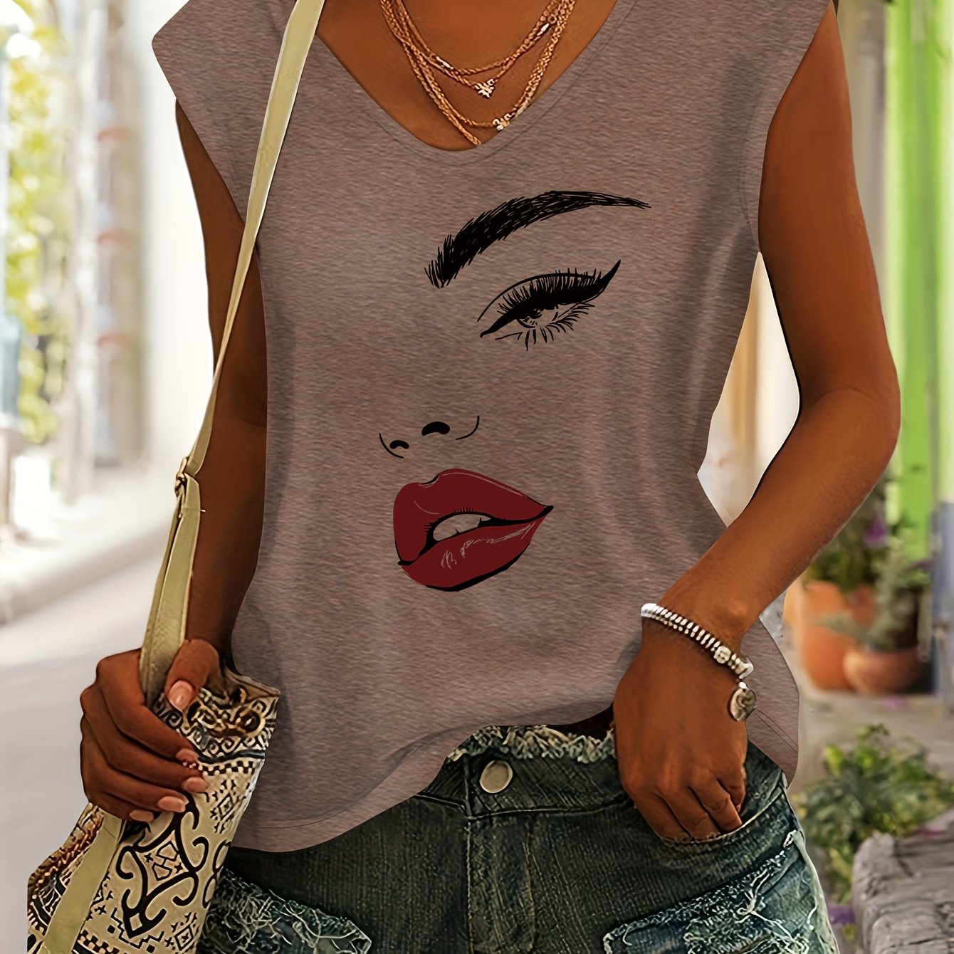TEMU Fashion Portrait Print Women's Spring Summer Basic Top, Casual Easy Comfortable V-neck Pullover T-shirt