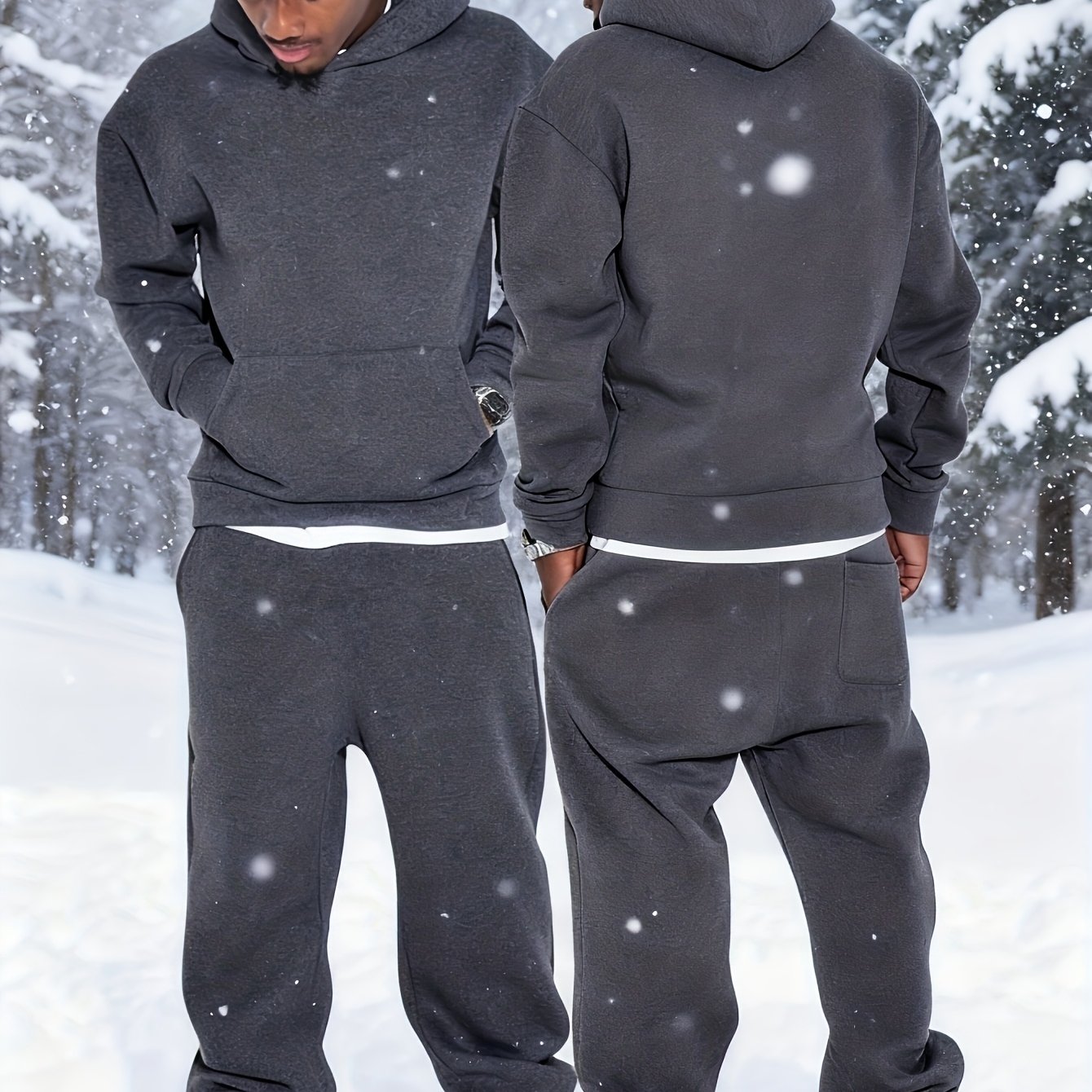 Image of Men's Thickened Fleece Athletic Suit, Spring Winter Warm Hooded Sweatshirt Set, Long Sleeve Casual Comfortable And With Pockets, 2pcs Hooded Sweatshirt And Athletic Pants Set