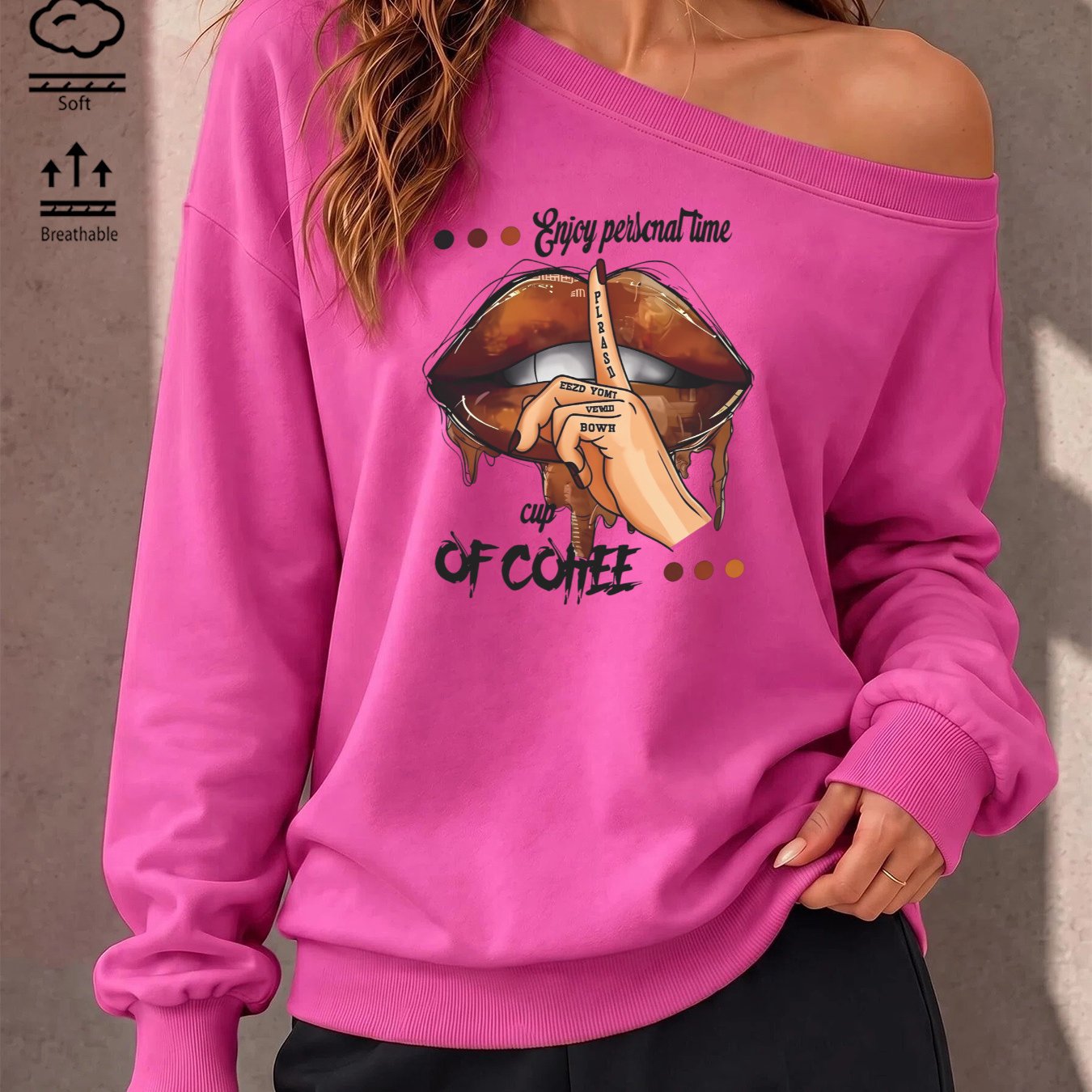 Image of Autumn Women's Asymmetric Off-shoulder Long-sleeve Y2k Fashion Sweatshirt With Lips And Coffee "enjoy Personal Time" & "cup Of Coffee", Casual Loose Pullover Outerwear