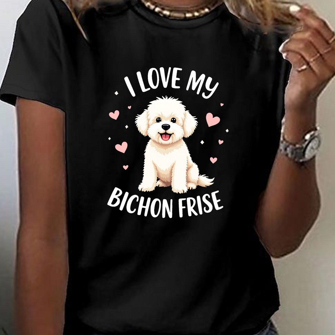 TEMU Curly I Love Print T-shirt, Short Sleeve Crew Neck Casual Top For Summer & Spring, Women's Clothing