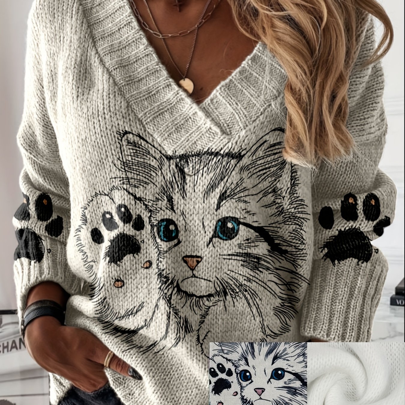 E-shop Niedlicher Katzenpfoten- V-Ausschnitt Pullover, lockere lässige langärmelige stylische Damen-Oberteil, für alltägliche Ausflüge und vielseitige