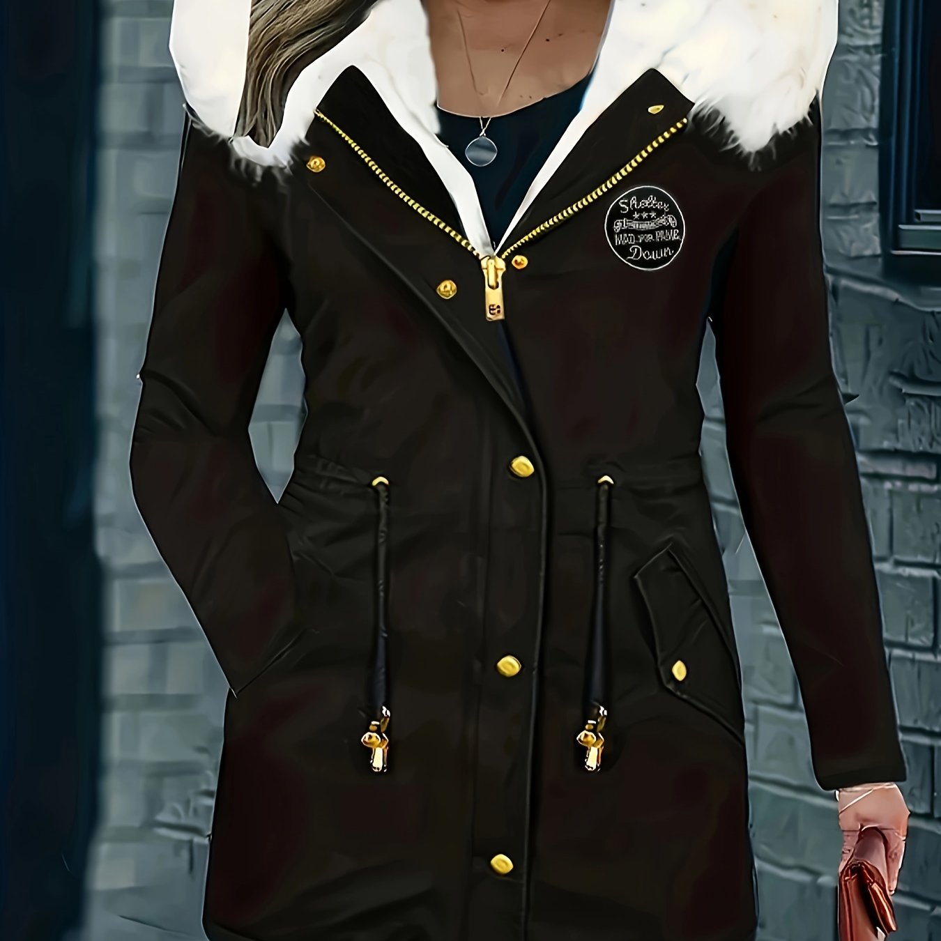 Image of Plus Size, Plus-size -lined Thickened Color-block Zip-up Mid-length Slit Hem Parka Jacket