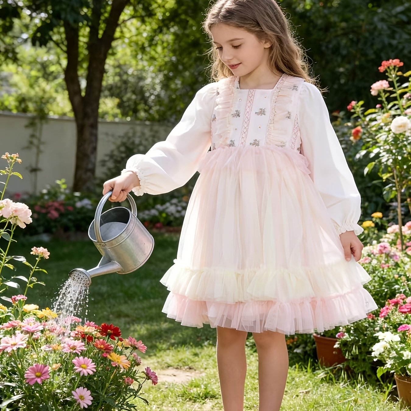 Image of 2025 /autumn Style Dress For Big Girls, Random Print Little Girl Girly Long Sleeve Princess Dress Trendy, Suitable For Daily Wear And Parties