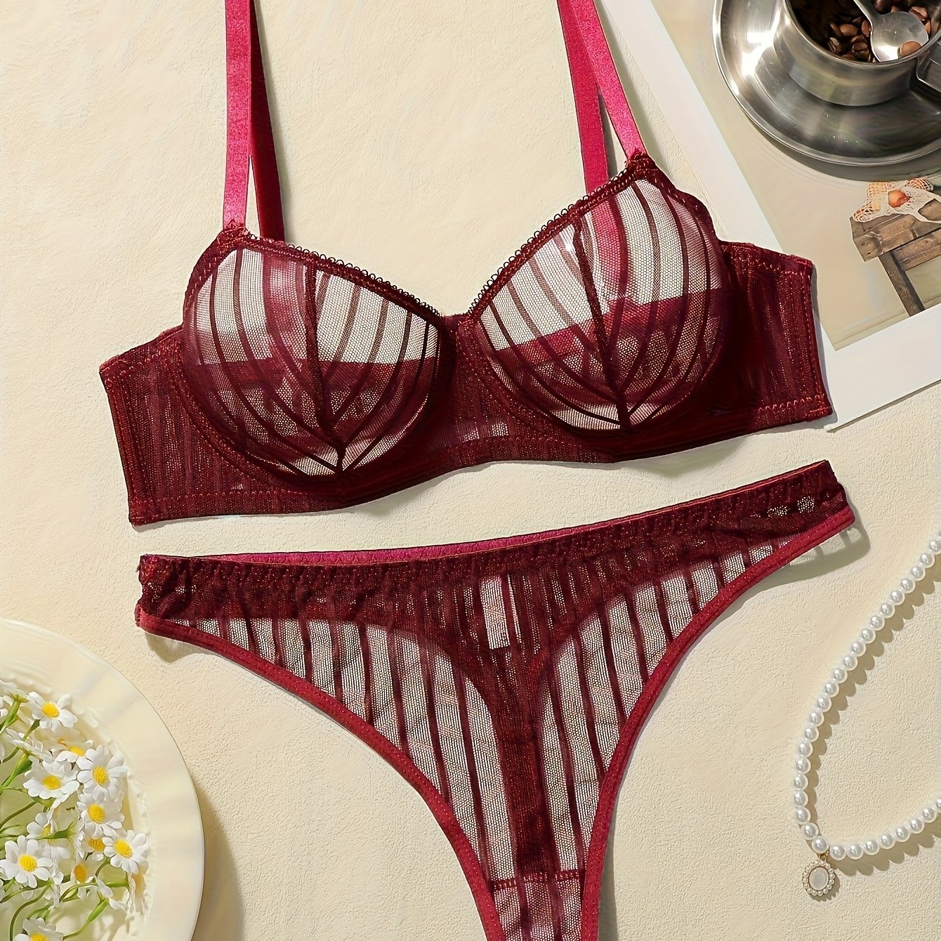 TEMU 1 Set Sexy Lace Bra Women's Small Bust Push-up Underwire Thin Upper Support Side Bust Set