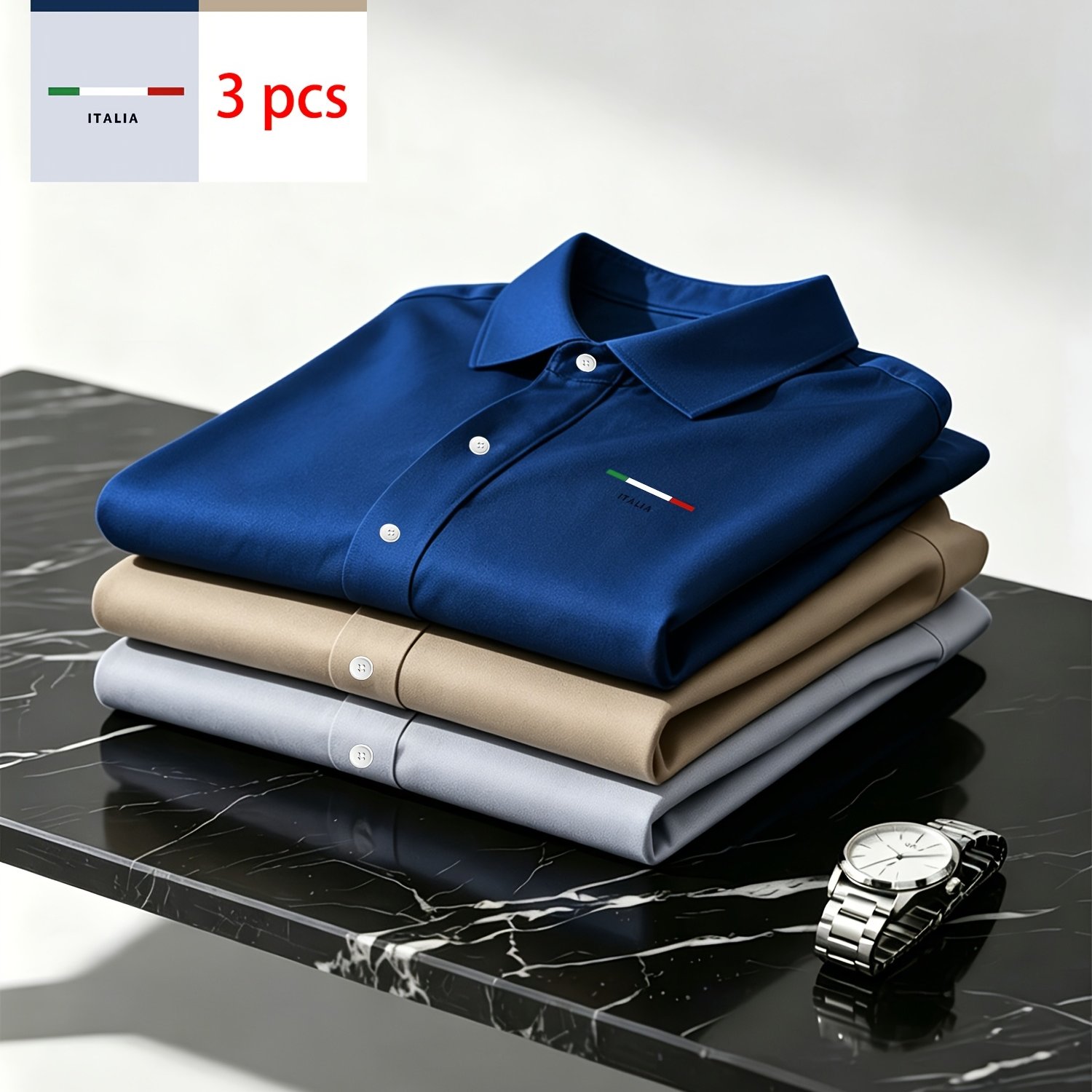 TEMU 3pcs Men's Business Casual Shirt Set - Solid Color Long Sleeve Button-up Shirts, Front- Collar, Regular Length, Suitable For Office And Wear,