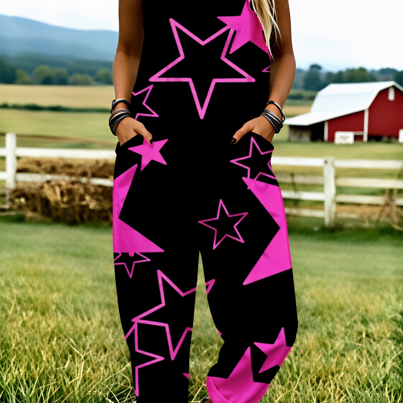 Image of Women' Size Overall Jumpsuit, Size S-2xl Pink Stars Pattern Casual Wear Personalized Print Loose-fitting Overalls Suitable For Daily Wear, Home Loungewear And Travel. Perfect Gift For