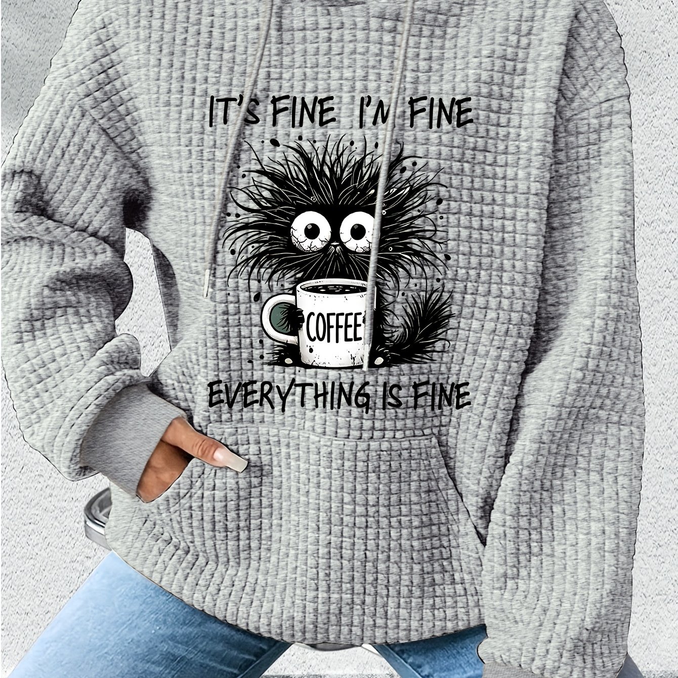 E-shop Schwarzer Damen-Hoodie mit "Es ist gut, es ist " Cartoon-Katze & Kaffee-Design - Gemütlicher Langarm-Pullover für Herbst/Winter, Lässiger