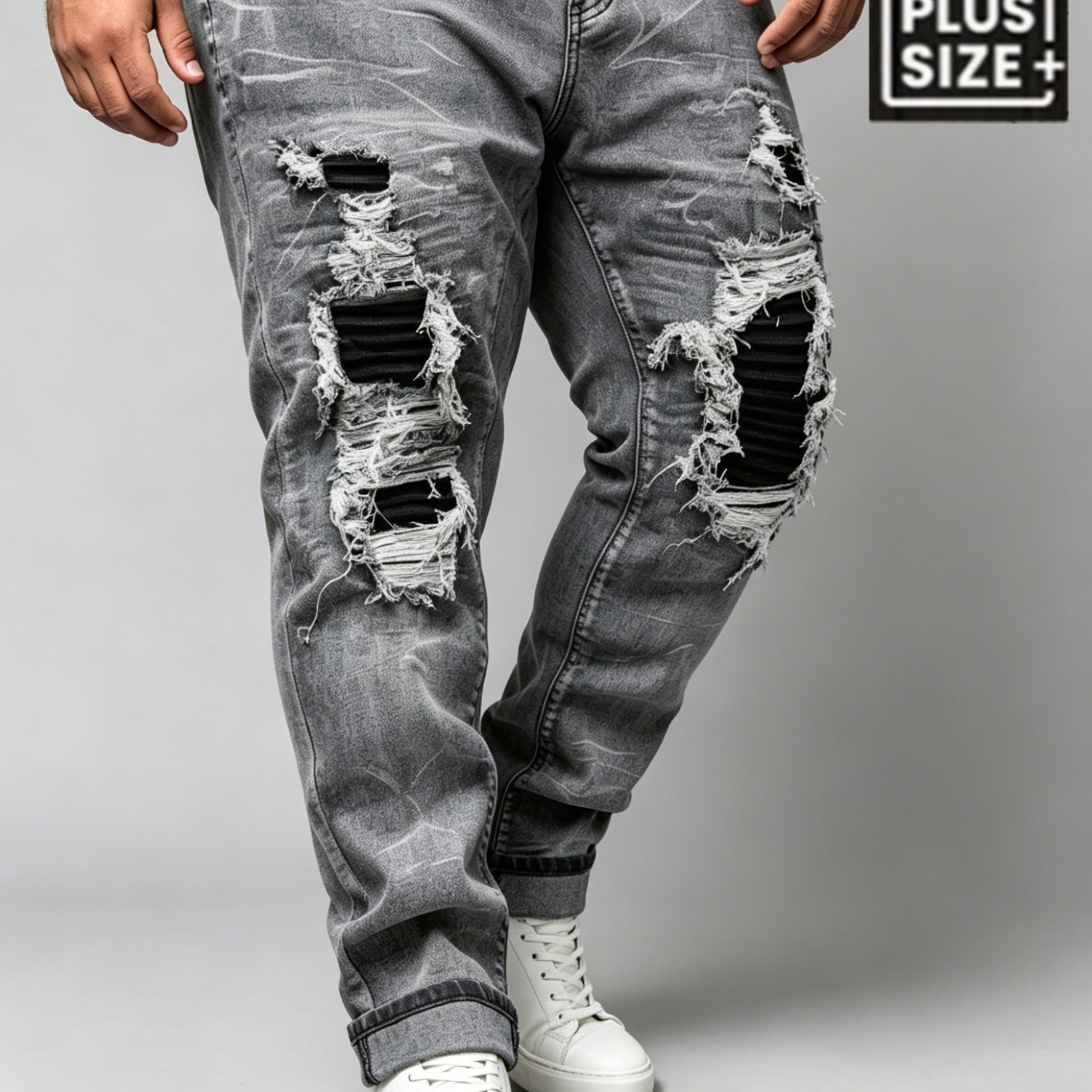 Hme Men's Plus Size Grey Washed Ripped Jeans Patch Straight Leg Casual Denim Pants, Plus Size