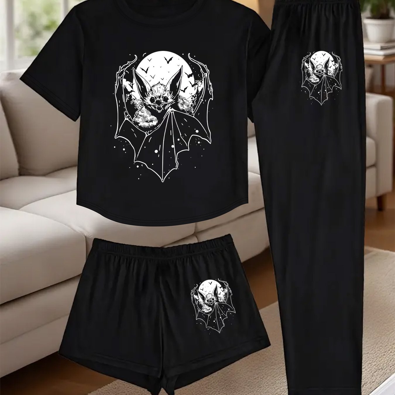 TEMU (1002# 3pcs Set) Women's Homewear 3pcs Set, Bat Print Loungewear Set, Comfortable And Breathable Short Sleeve And Long Pants 2pcs Set