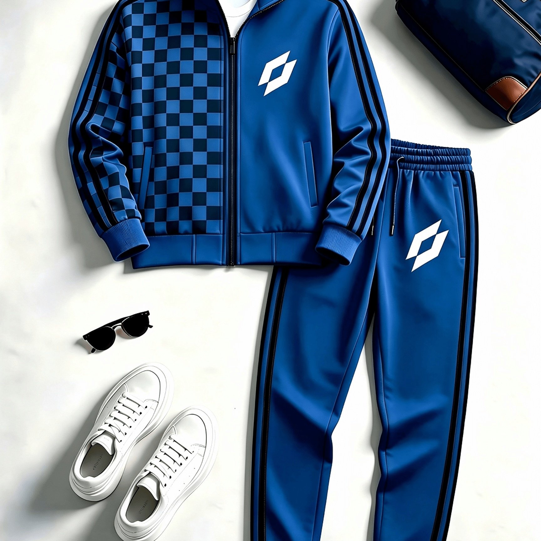 Image of Men's Navy Blue Checkerboard Track Suit Set Lightweight Durable 2pcs Jacket And Pants For , Lounge, Or Gift Use