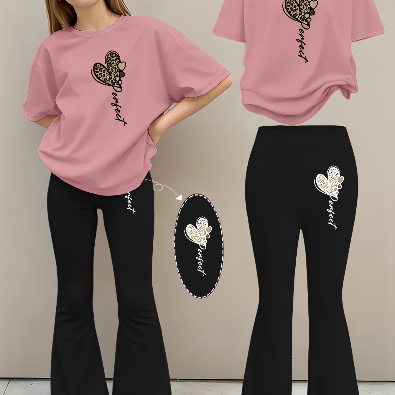 Image of 2pcs Girls' Summer Fashion Set: Printed Off-shoulder Short-sleeve Round-neck T-shirt And Elastic Flare Pants, Girls' Long Pants Set For Outdoor