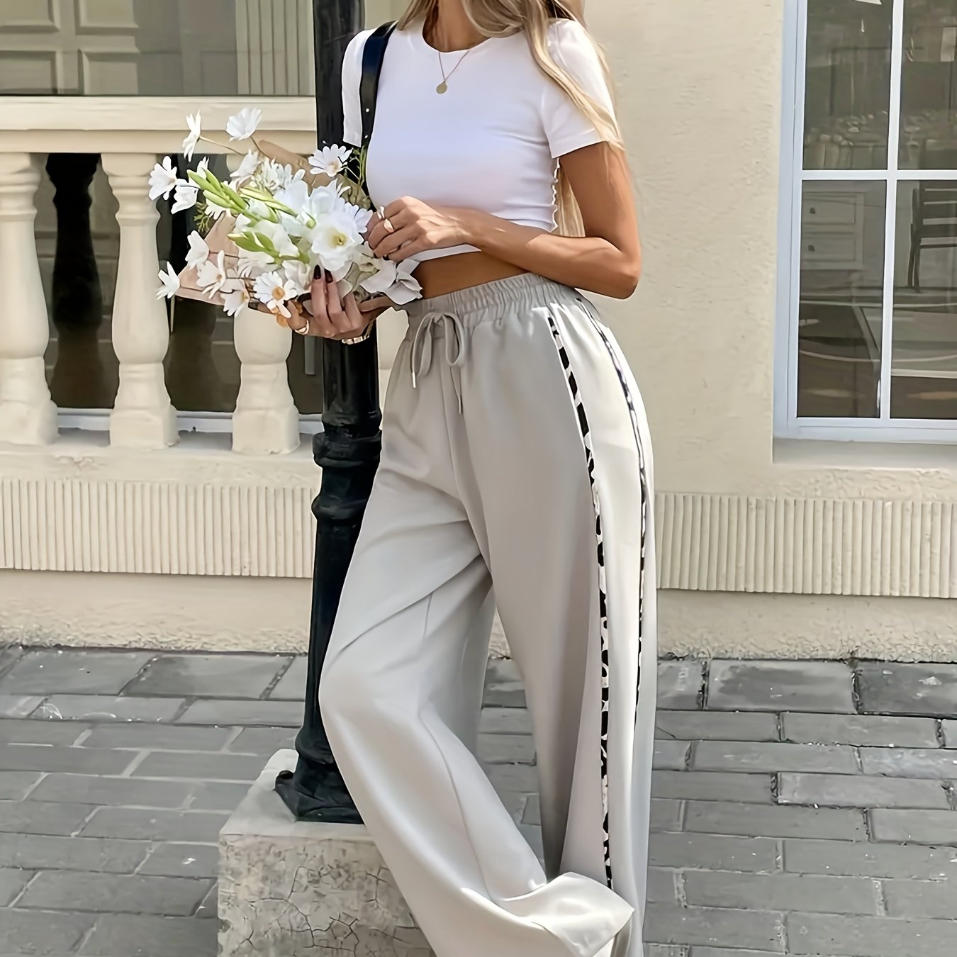 E-shop Damen Kordelzug Hose mit elastischem Bund, weite, lockere Freizeithose, modische mit Leopardenmuster und Streifen