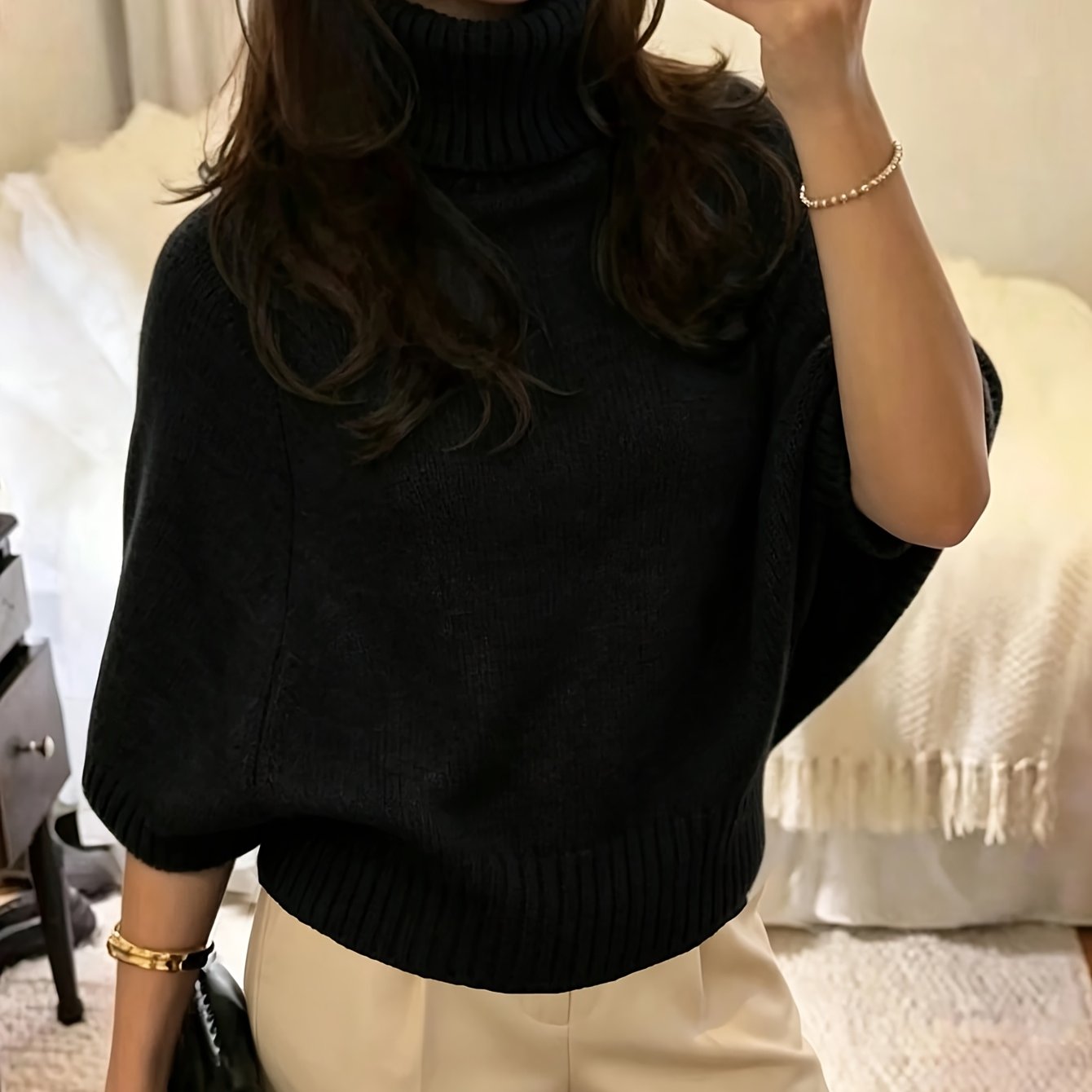 TEMU Haut décontracté pour femme, automne/hiver, couleur unie, col montant, manches chauve-souris, design texturé qui affine la taille, pull pour et