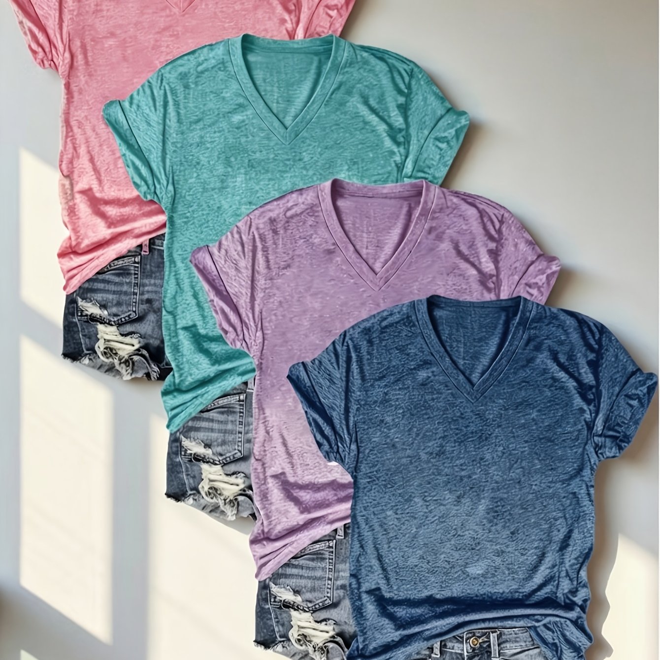 Plus Size - 4pcs Solid Color V-neck T-shirt Set, Plus Size Casual Versatile Short Sleeve Tees For Women Spring Summer