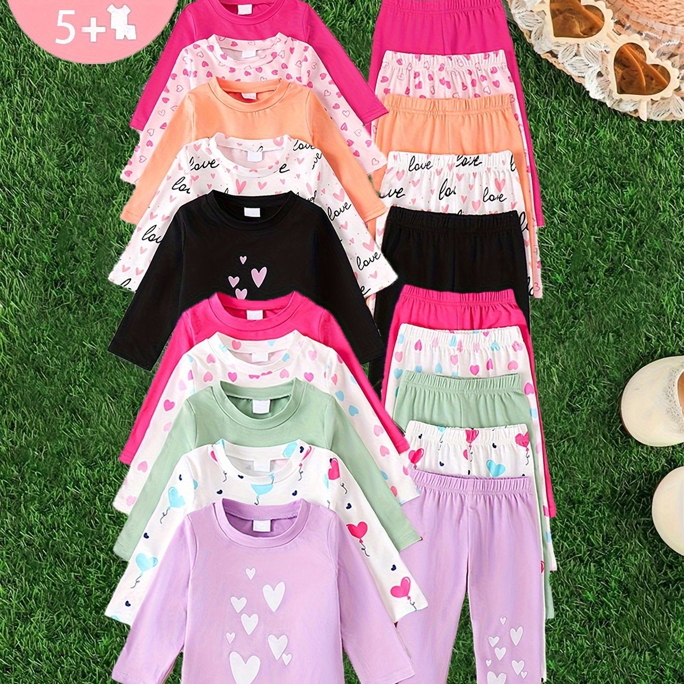 TEMU Ten Items Are , Including 5 Sets Of Baby Girls' T-shirts With Heart Letter Prints, Cut , And Pants With Heart Letter Prints, Cut . This Is An
