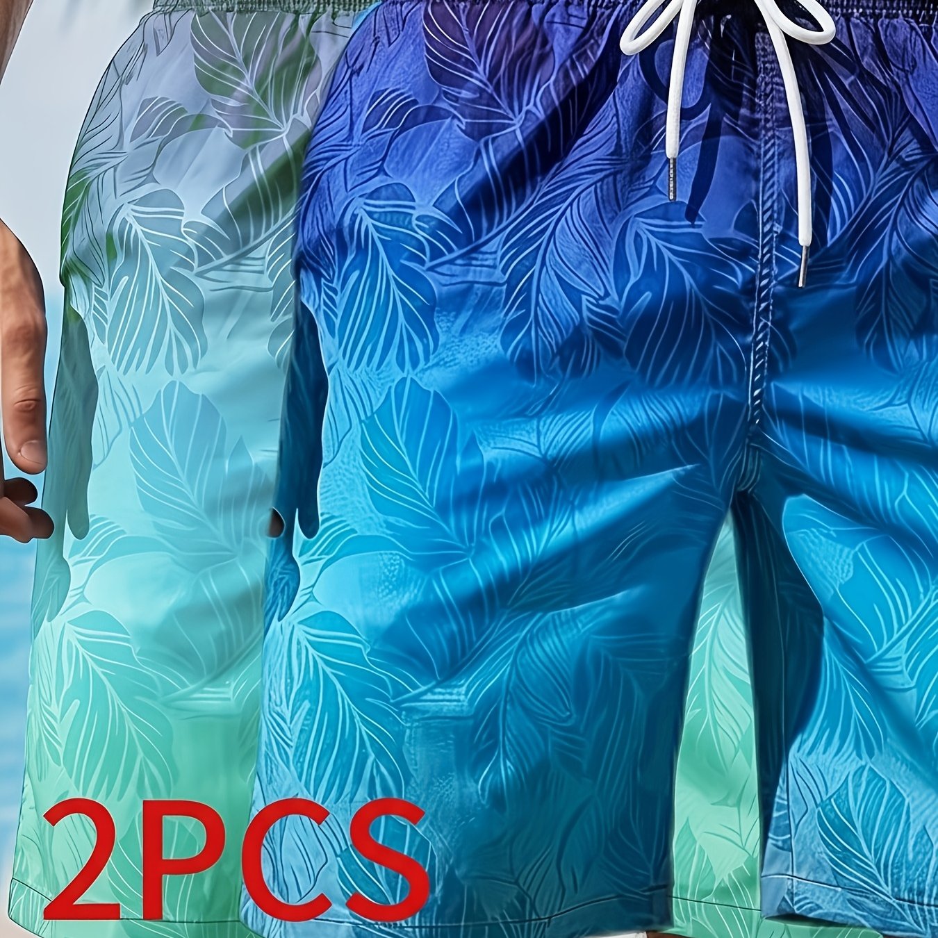 E-shop 2er-Set, Bermudashorts für Herren, Lässige Strandshorts mit botanischem Farbverlauf-Druck, Atmungsaktiv, ultraleicht, schnelltrocknende Outdoor-