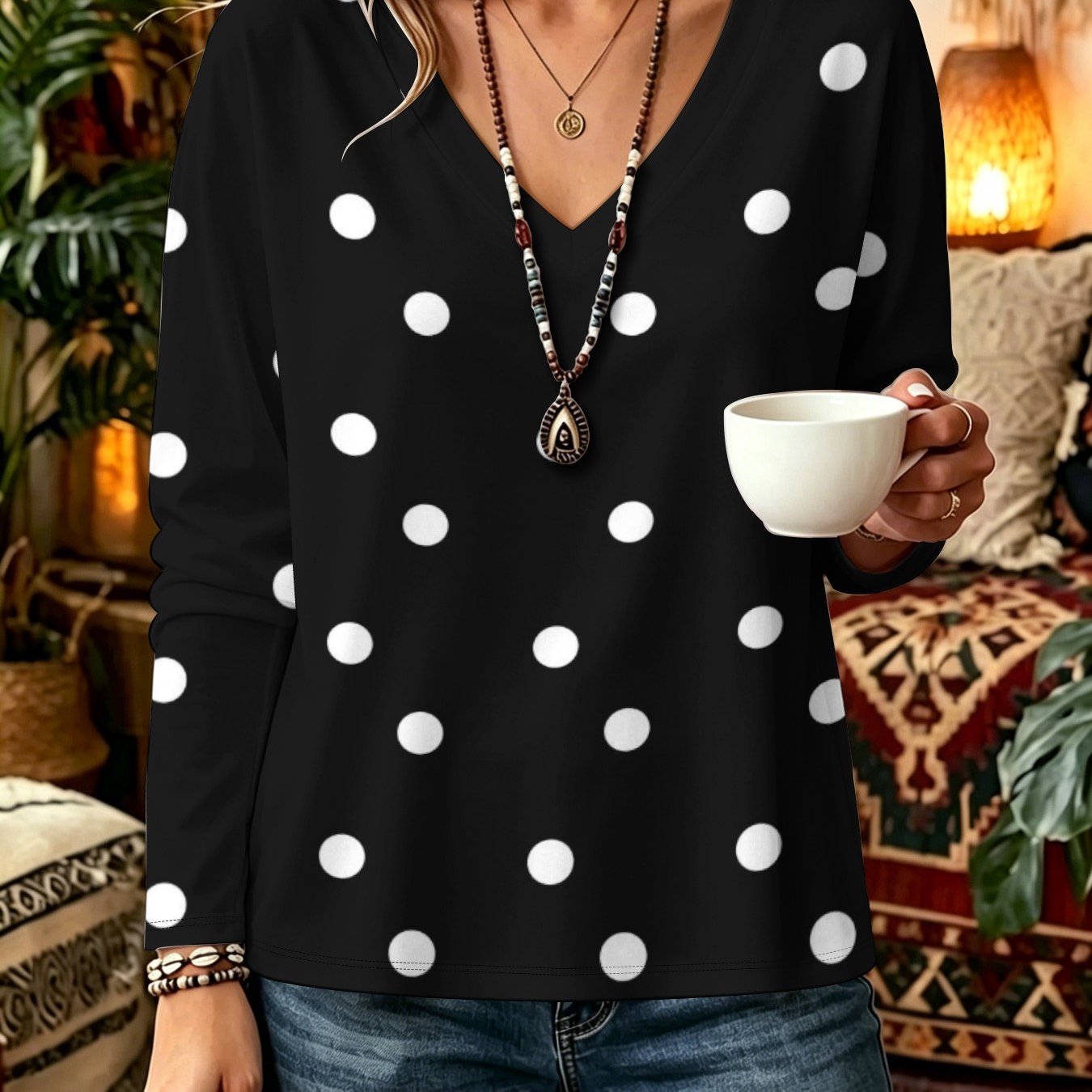 TEMU Plus Size - 2026 Women's Elegant Casual Printed V-neck Long Sleeve Top